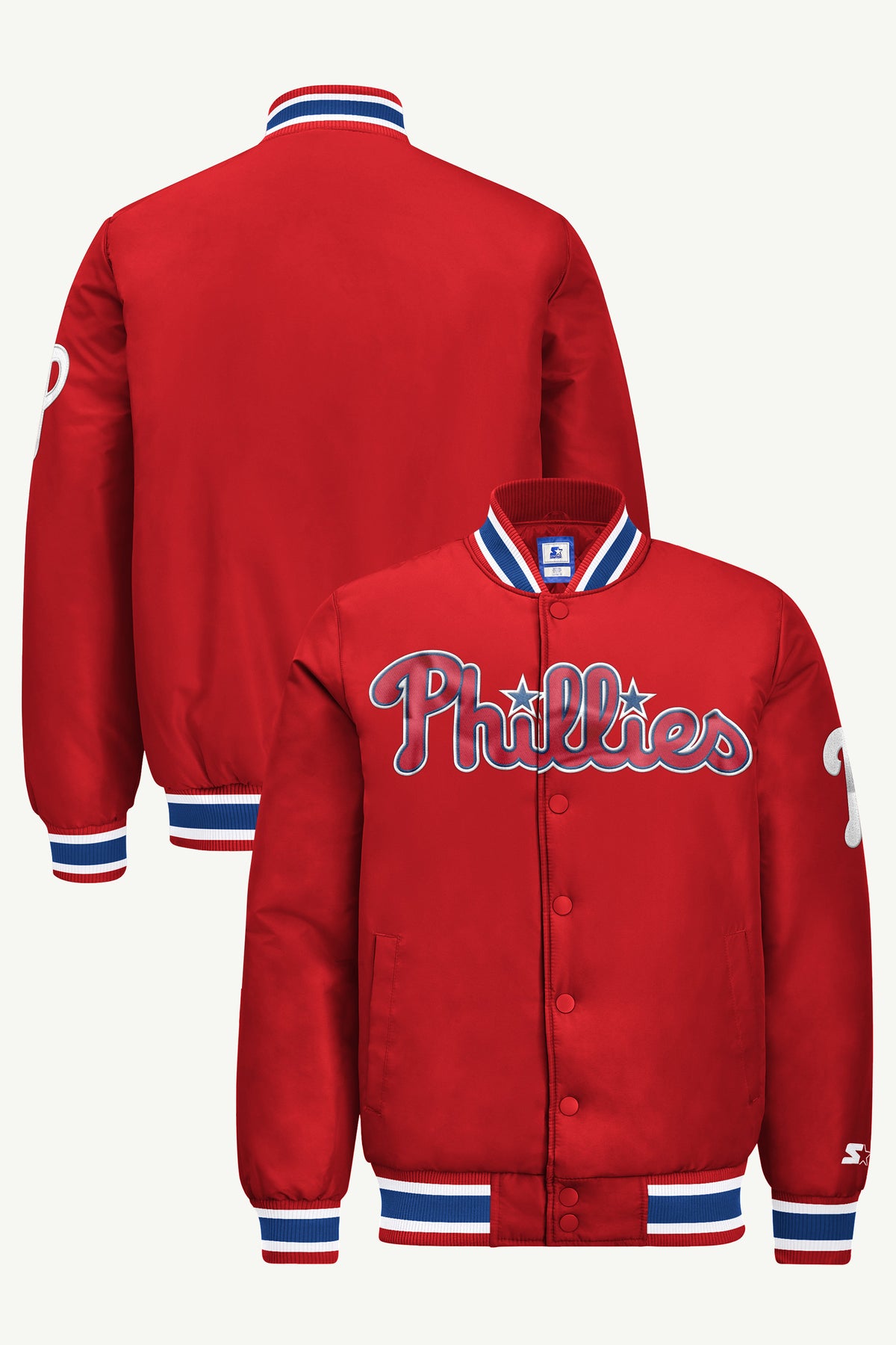 MENS PHILADELPHIA PHILLIES ACROSS SATIN VARSITY JACKET View 1