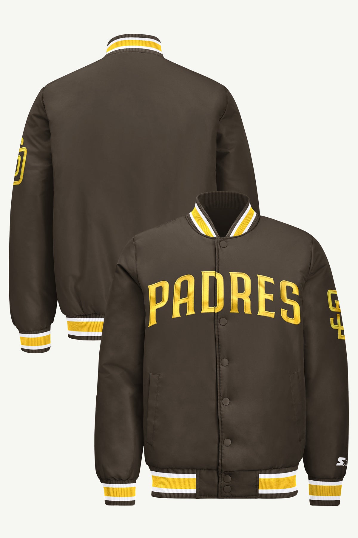 MENS SAN DIEGO PADRES ACROSS SATIN VARSITY JACKET View 1 | Men's Starter Jackets