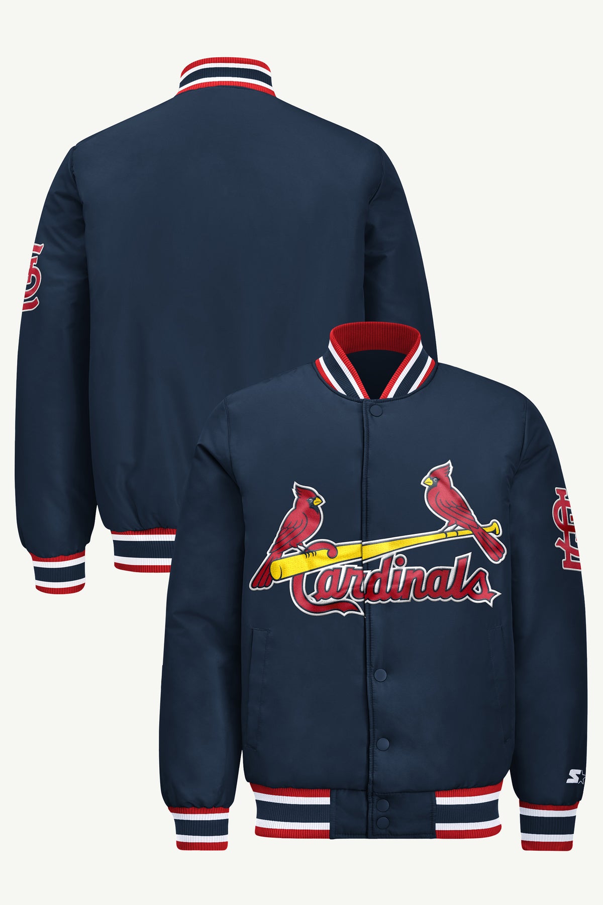 MENS ST. LOUIS CARDINALS ACROSS SATIN VARSITY JACKET View 1 | Men's Starter Jackets