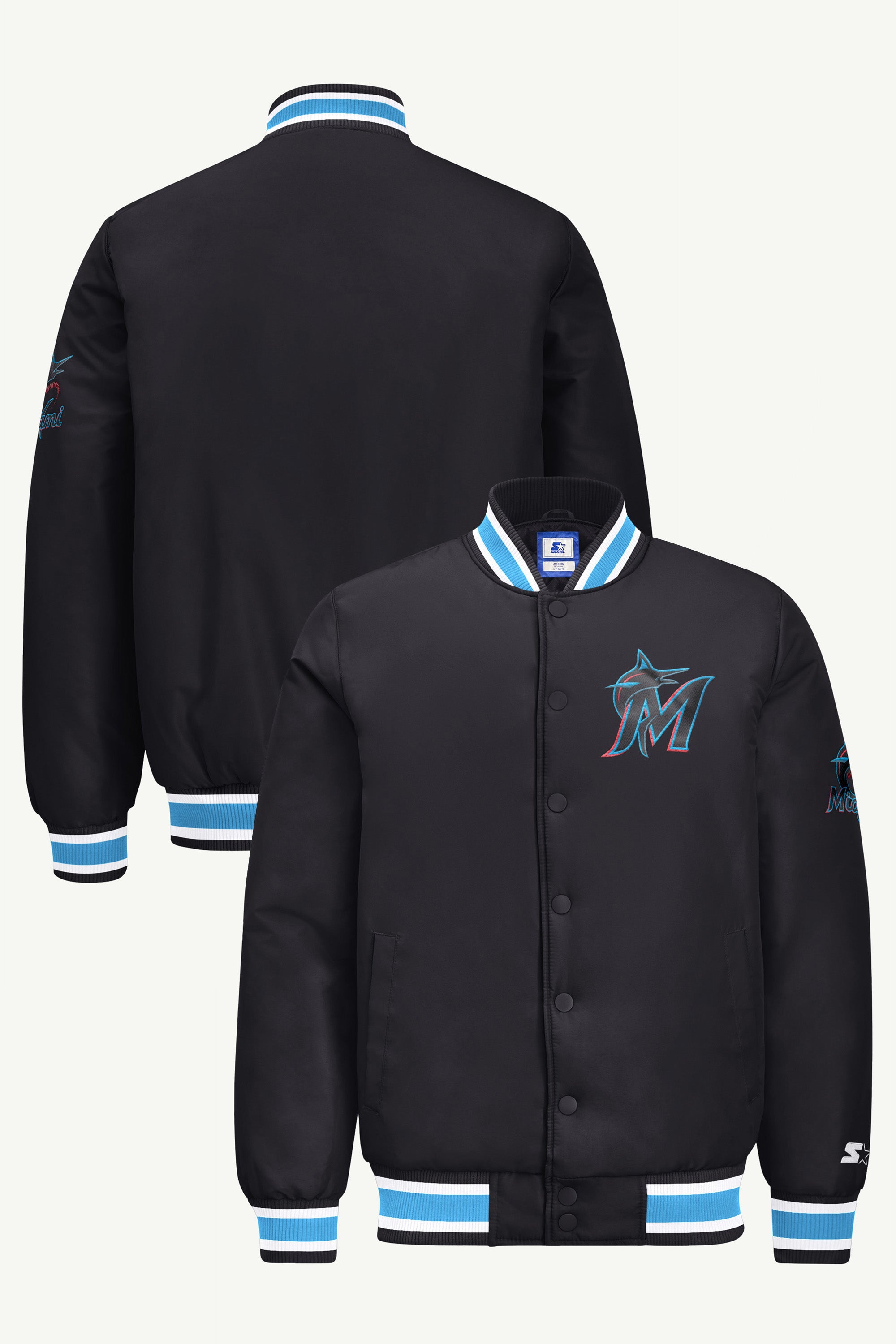 MENS MIAMI MARLINS GAME DAY SATIN VARSITY JACKET View 1