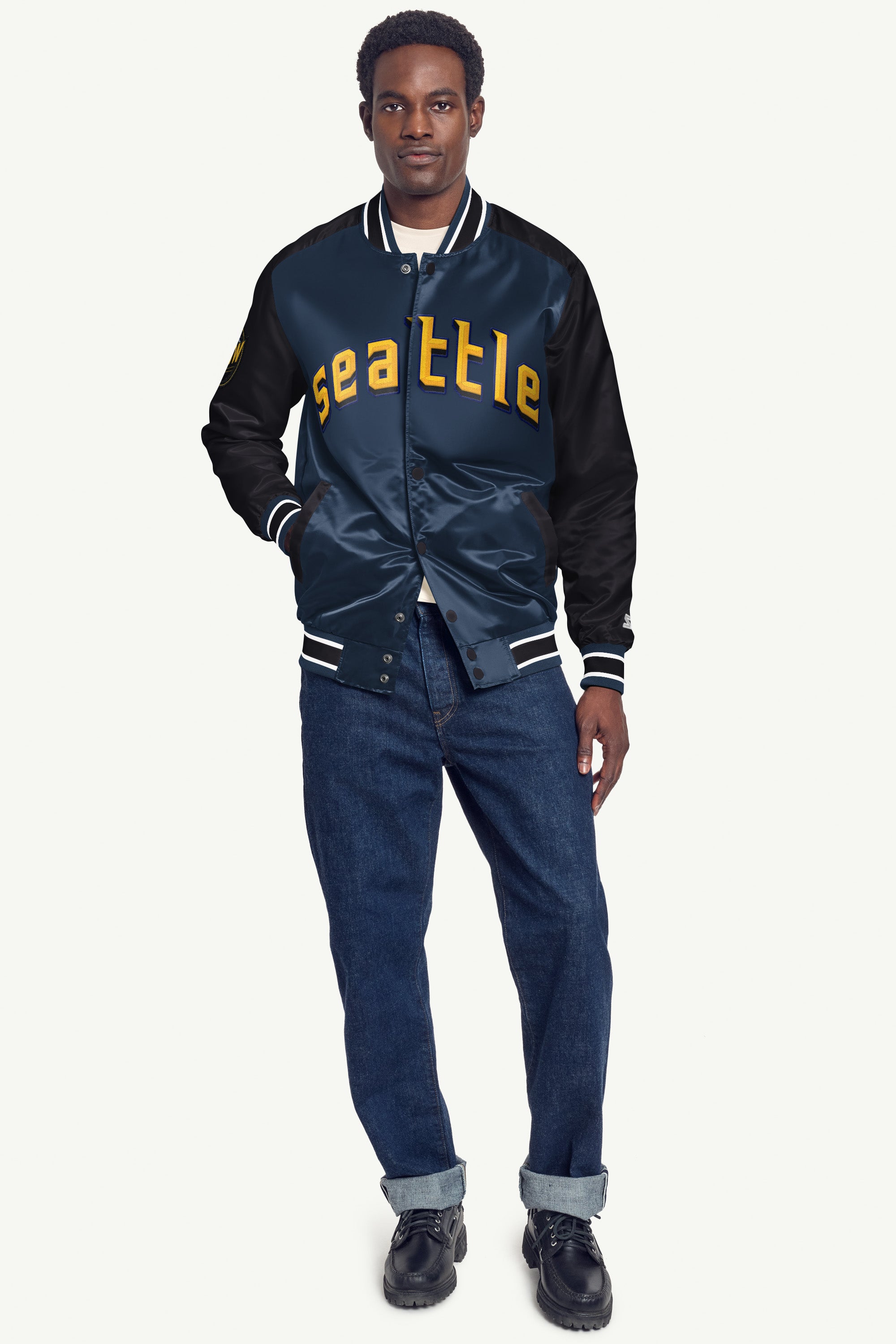MENS SEATTLE MARINERS SATIN VARSITY JACKET View 3 | STARTER CLASSICS