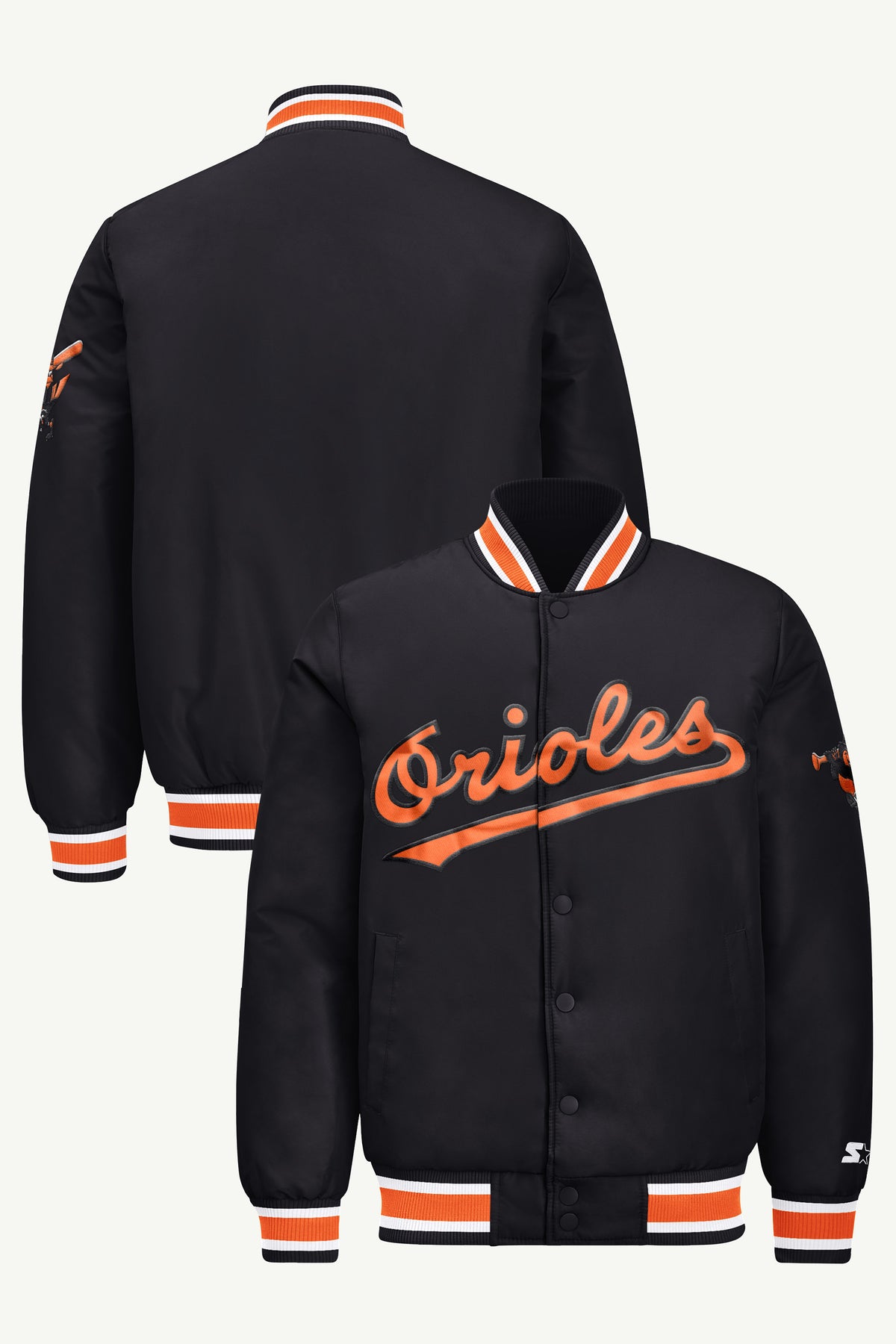 MENS BALTIMORE ORIOLES COOPERSTOWN ACROSS SATIN VARSITY JACKET View 1 | Men's Starter Jackets