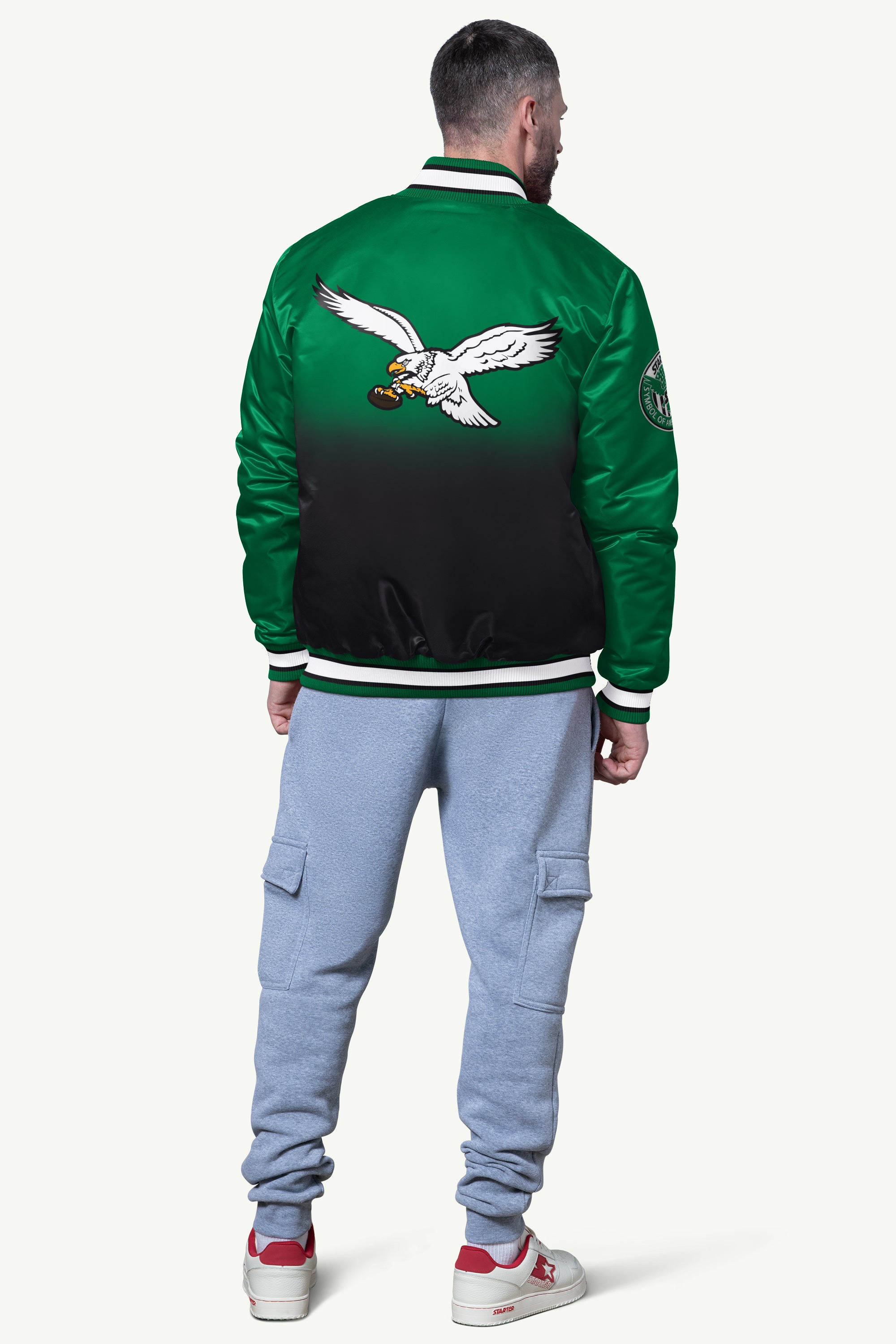 MENS PHILADELPHIA EAGLES PASS RUSH SATIN VARSITY JACKET View 2 | Philadelphia Eagles