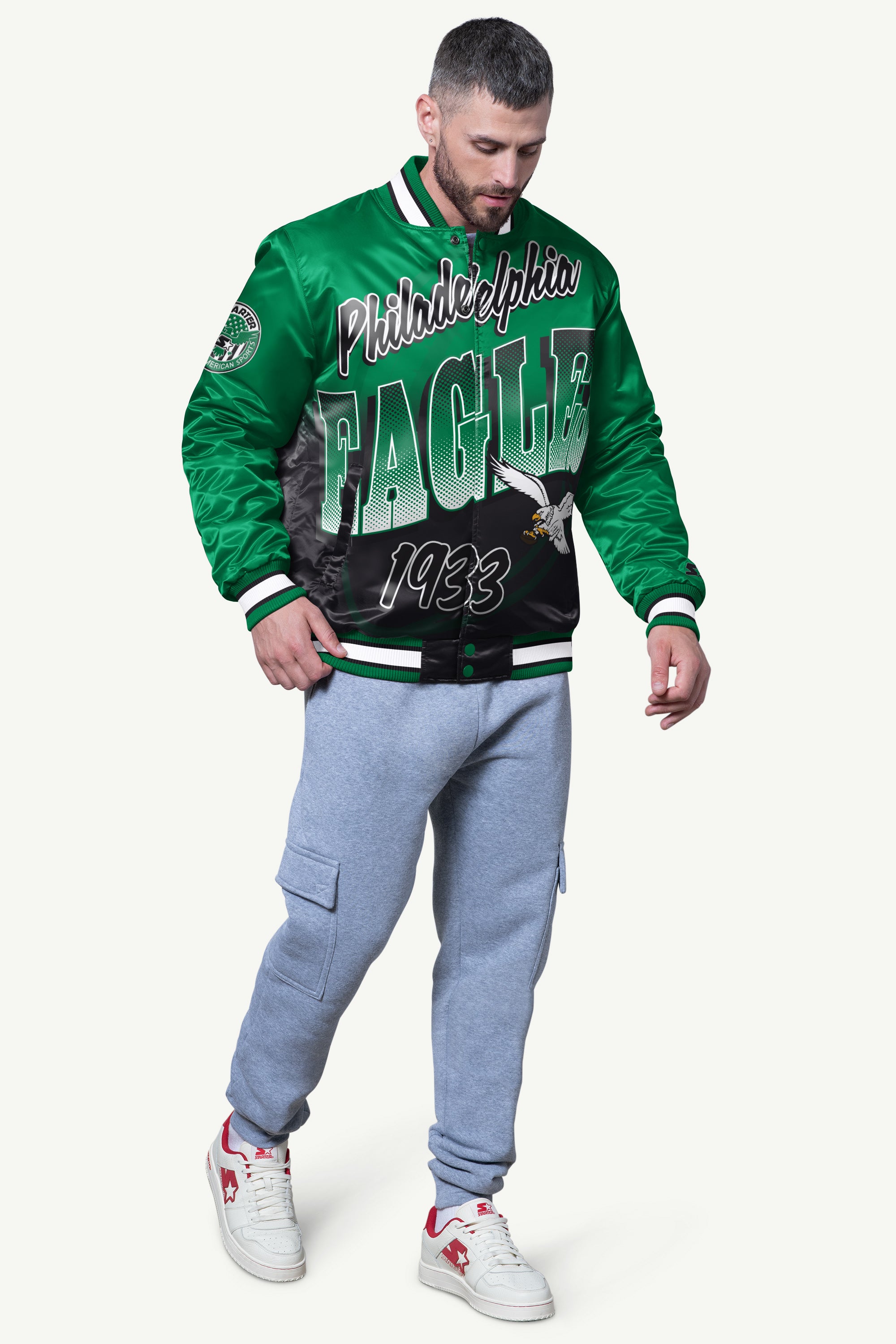 MENS PHILADELPHIA EAGLES PASS RUSH SATIN VARSITY JACKET View 3 | Philadelphia Eagles