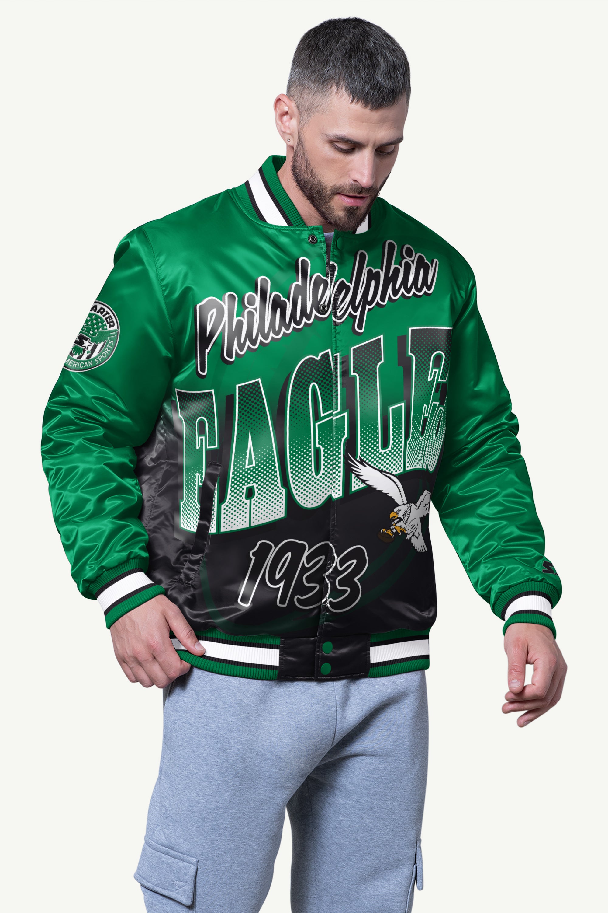 MENS PHILADELPHIA EAGLES PASS RUSH SATIN VARSITY JACKET View 1 | Philadelphia Eagles