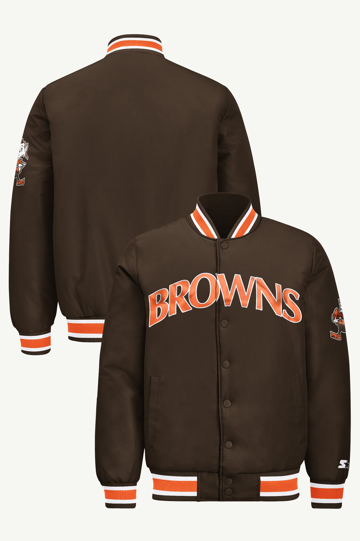 MENS CLEVELAND BROWNS RETRO ACROSS SATIN VARSITY JACKET View 1