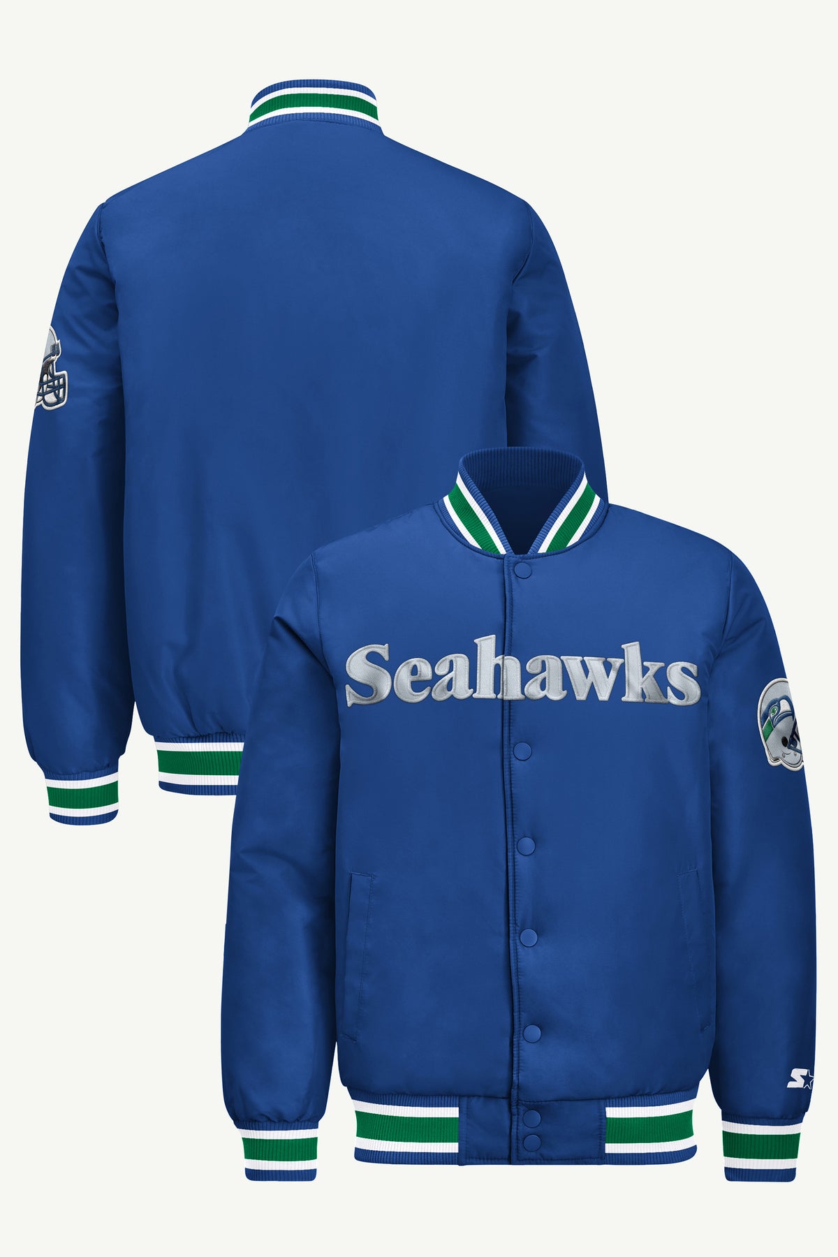 MENS SEATTLE SEAHAWKS RETRO ACROSS SATIN VARSITY JACKET View 1