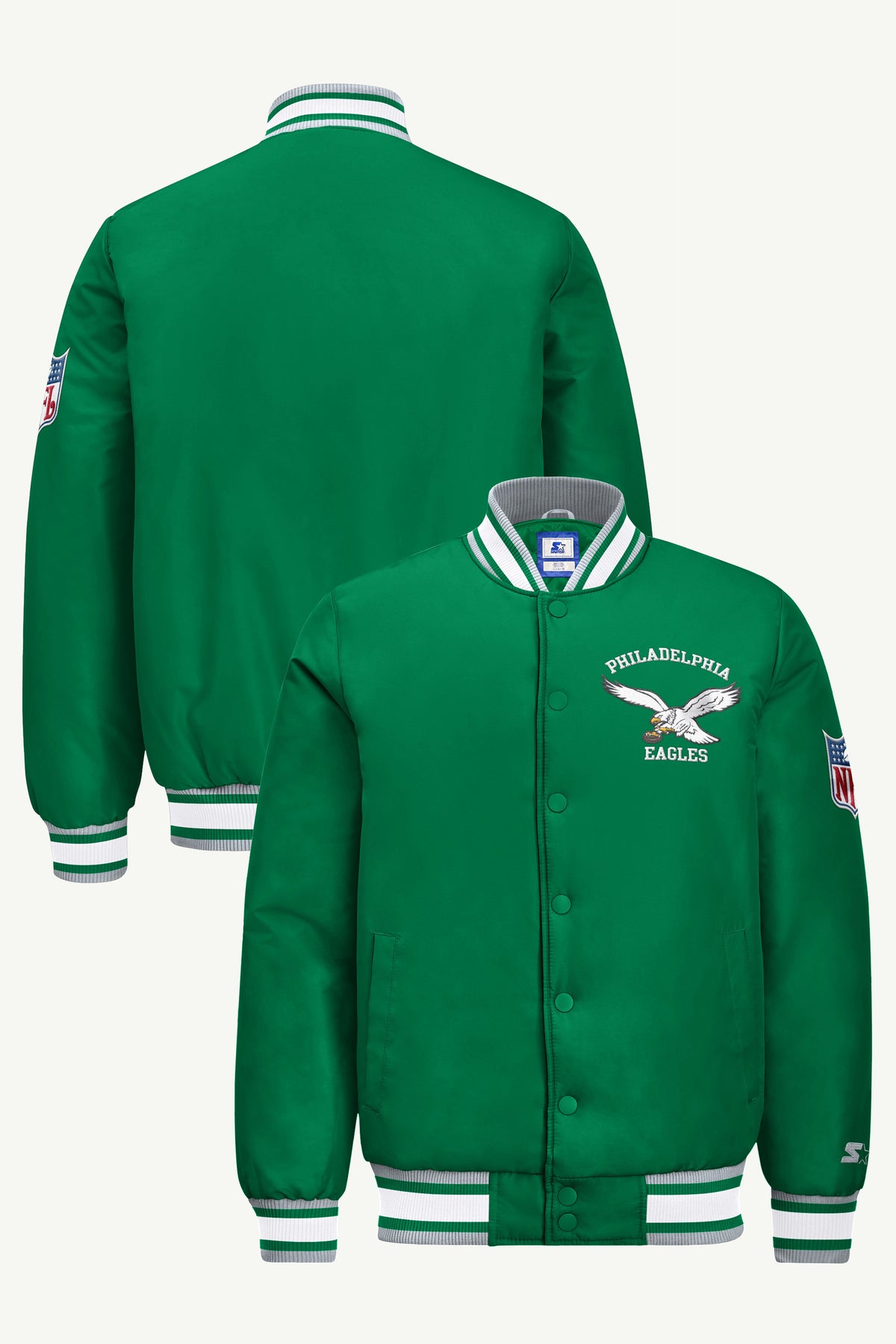 MENS PHILADELPHIA EAGLES RETRO GAME DAY SATIN VARSITY JACKET View 1 | STARTER JACKETS