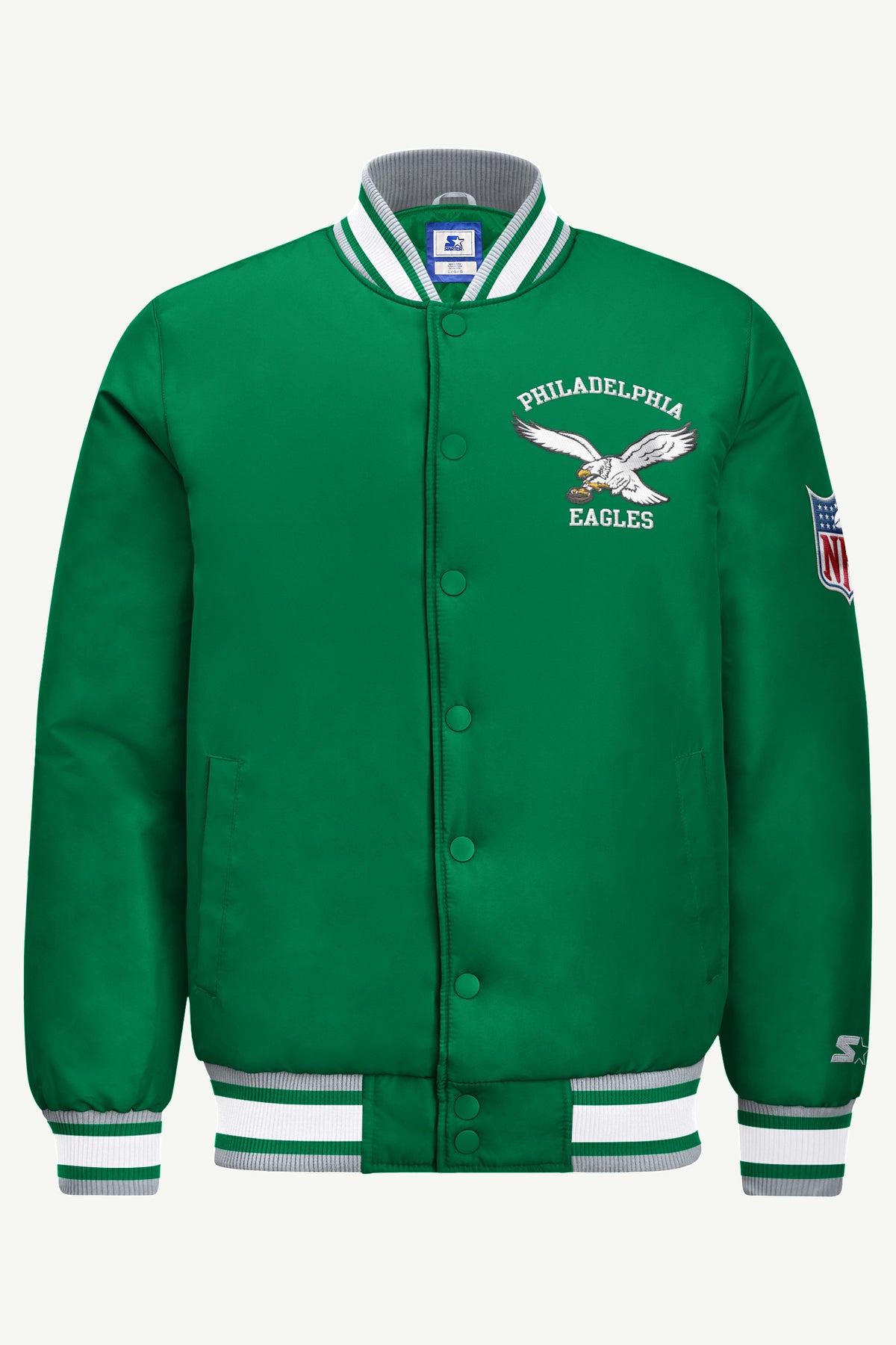 MENS PHILADELPHIA EAGLES RETRO GAME DAY SATIN VARSITY JACKET View 2 | STARTER JACKETS