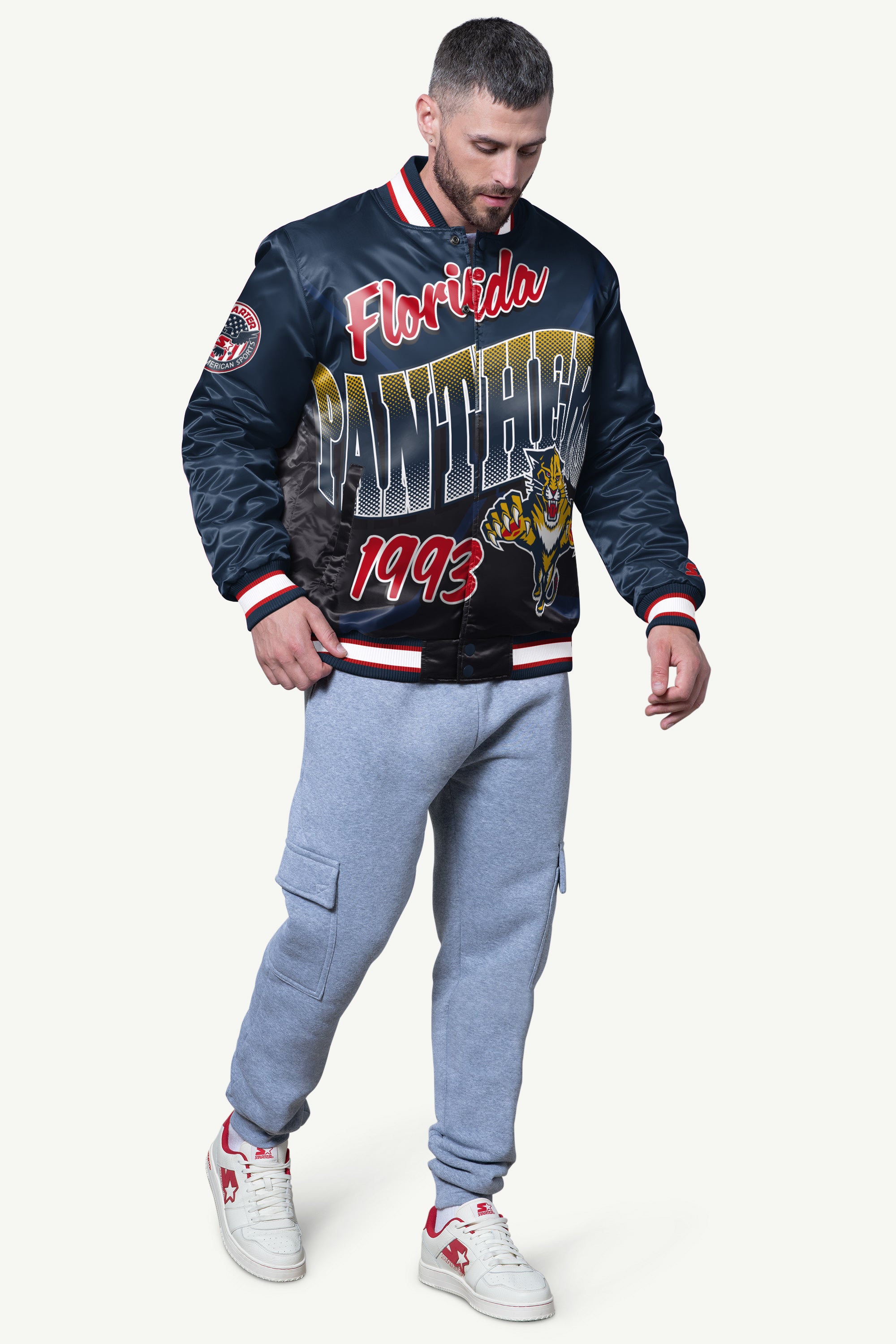 MENS FLORIDA PANTHERS PASS RUSH SATIN VARSITY JACKET View 3