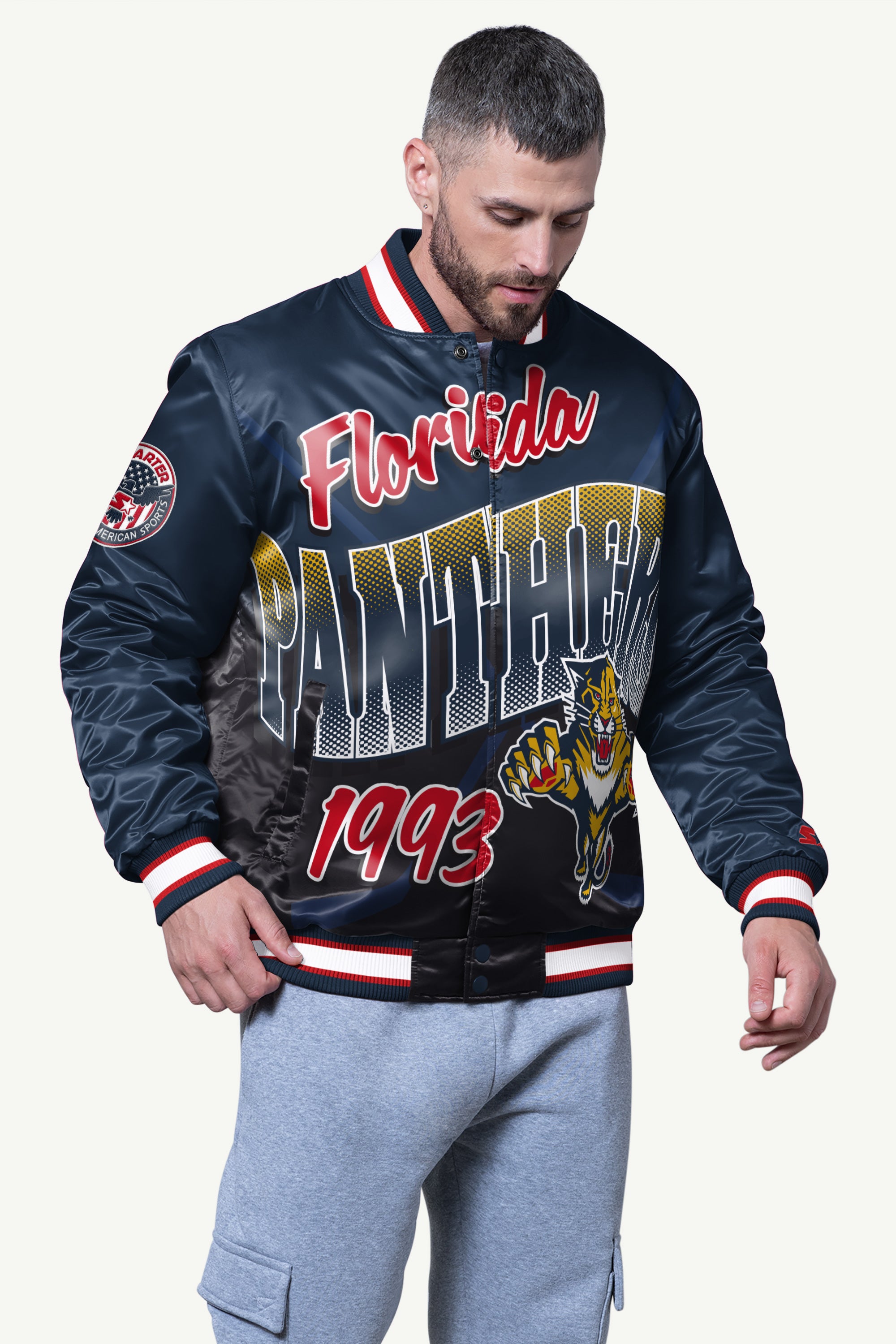 MENS FLORIDA PANTHERS PASS RUSH SATIN VARSITY JACKET View 1