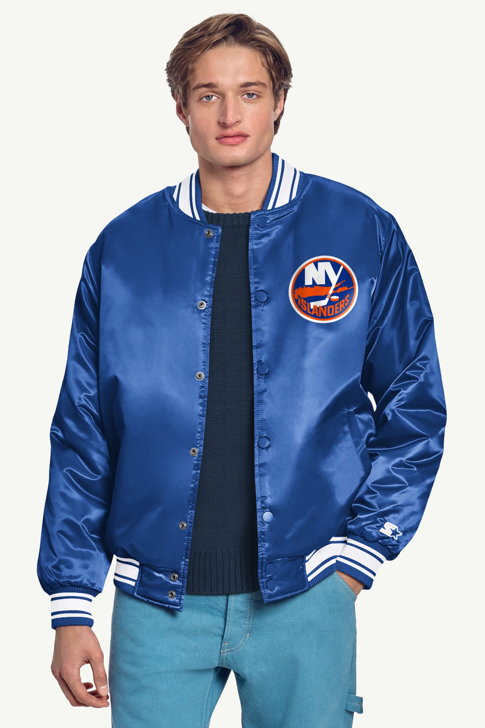 MENS NEW YORK ISLANDERS PRINTED GRAPHIC TRIANGLE SATIN VARSITY JACKET View 3 | New York Islanders
