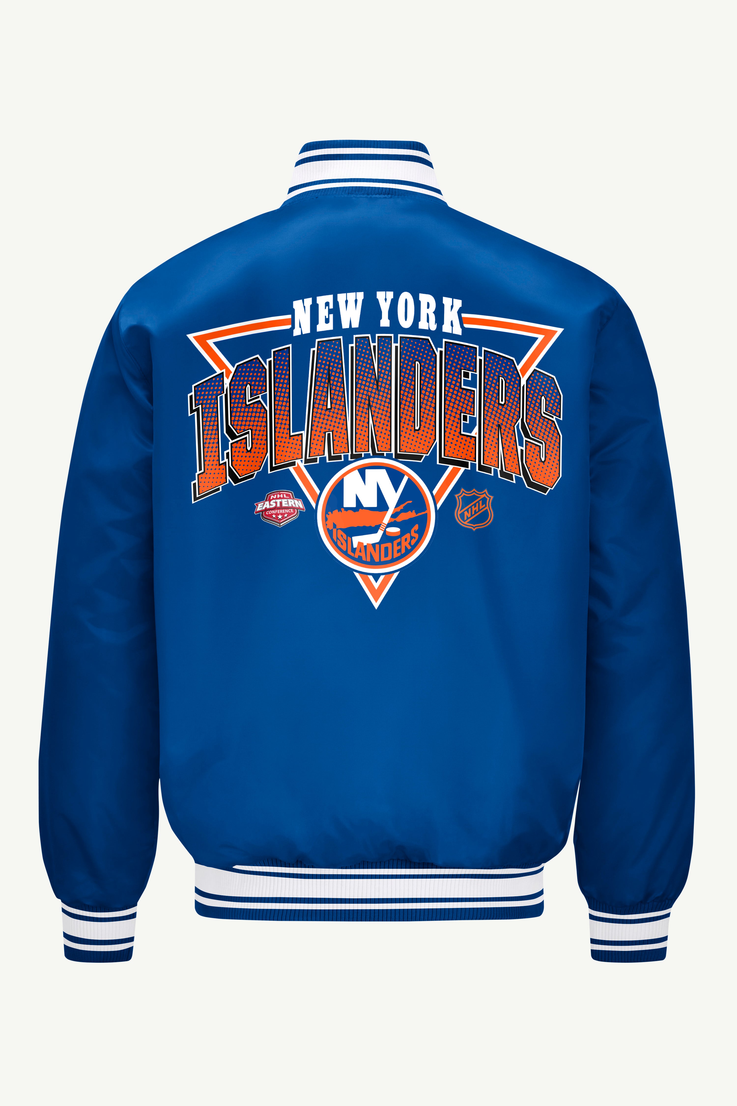 MENS NEW YORK ISLANDERS PRINTED GRAPHIC TRIANGLE SATIN VARSITY JACKET View 2 | New York Islanders