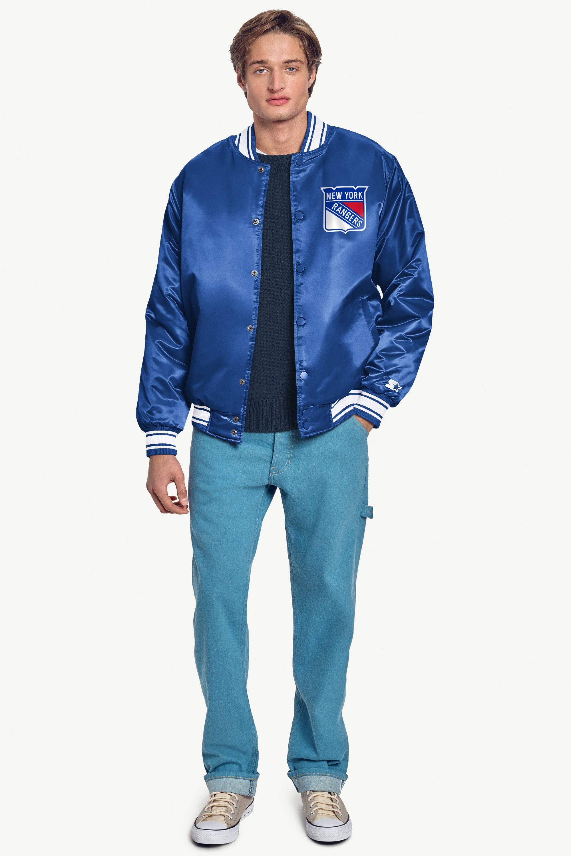 MENS NEW YORK RANGERS PRINTED GRAPHIC TRIANGLE SATIN VARSITY JACKET View 4