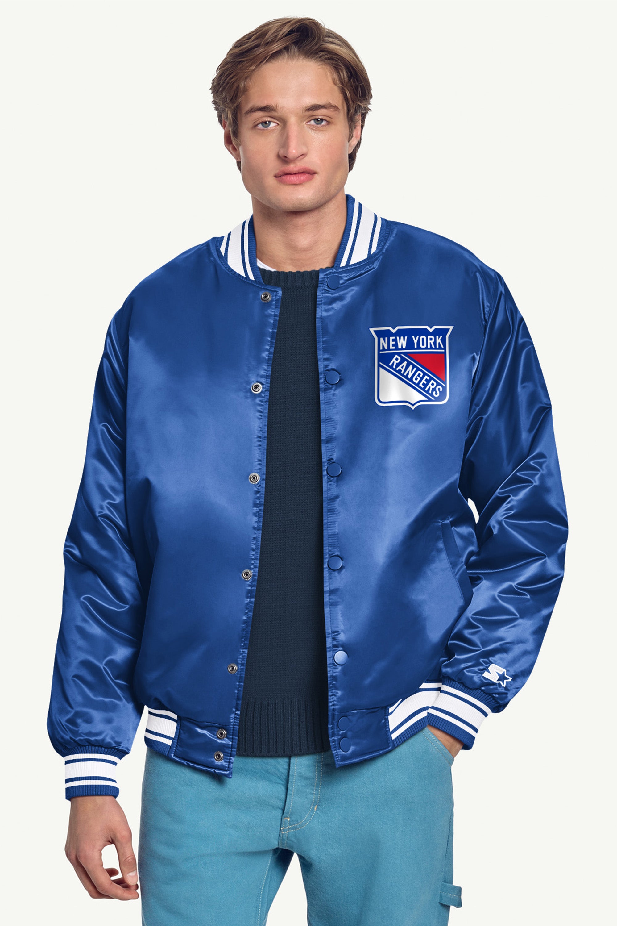 MENS NEW YORK RANGERS PRINTED GRAPHIC TRIANGLE SATIN VARSITY JACKET View 3