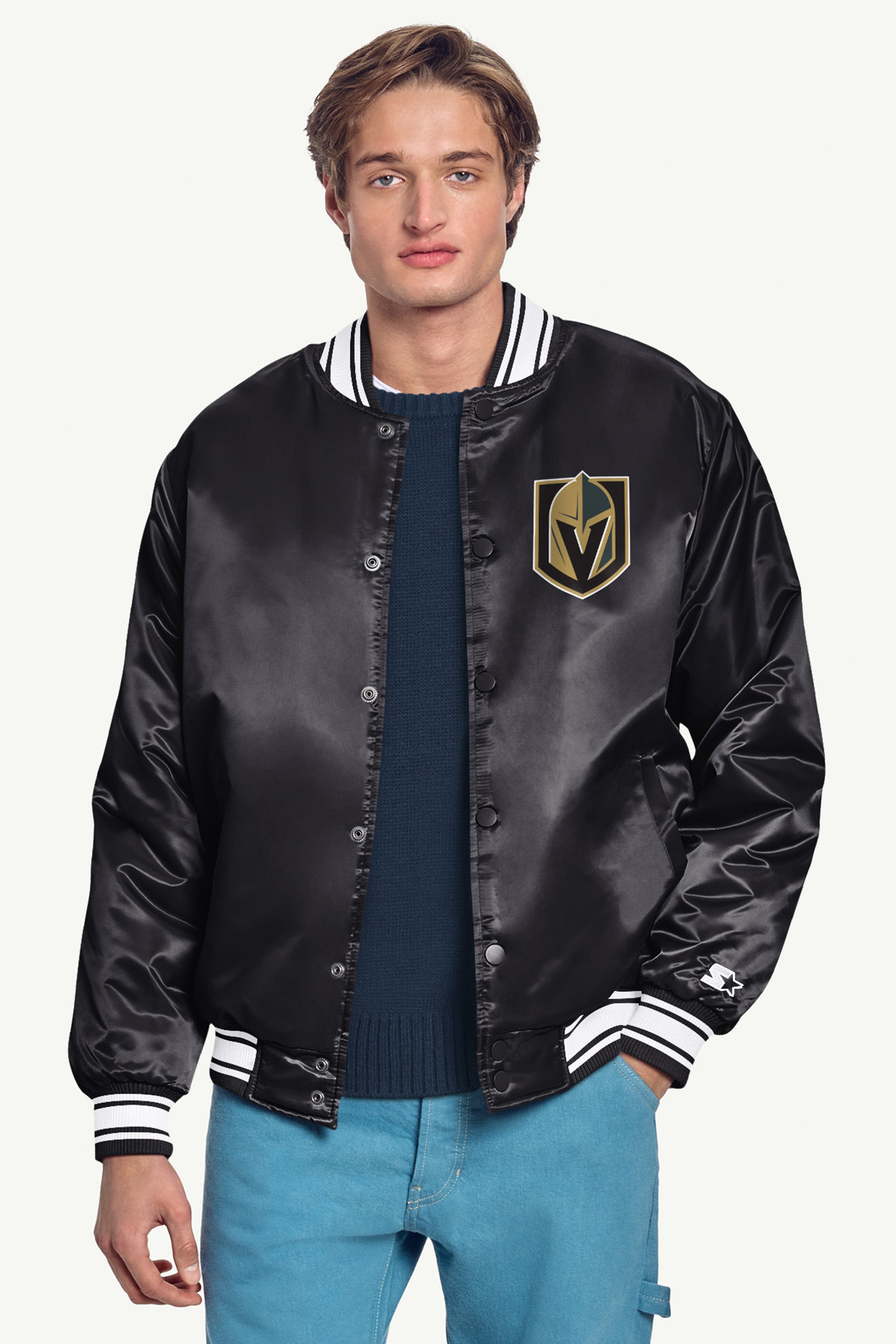 MENS VEGAS GOLDEN KNIGHTS PRINTED GRAPHIC TRIANGLE SATIN VARSITY JACKET View 3