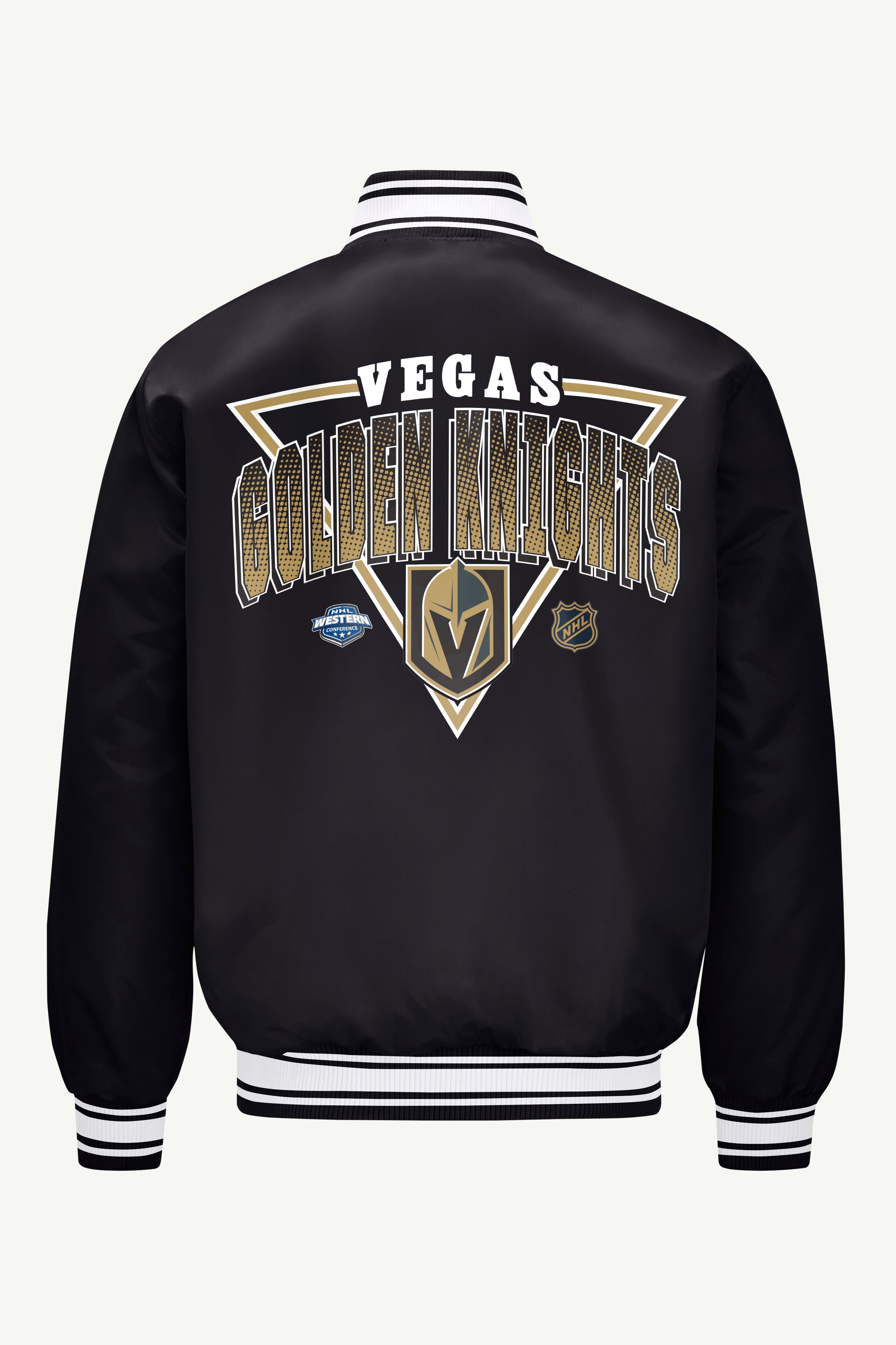 MENS VEGAS GOLDEN KNIGHTS PRINTED GRAPHIC TRIANGLE SATIN VARSITY JACKET View 2 | NHL