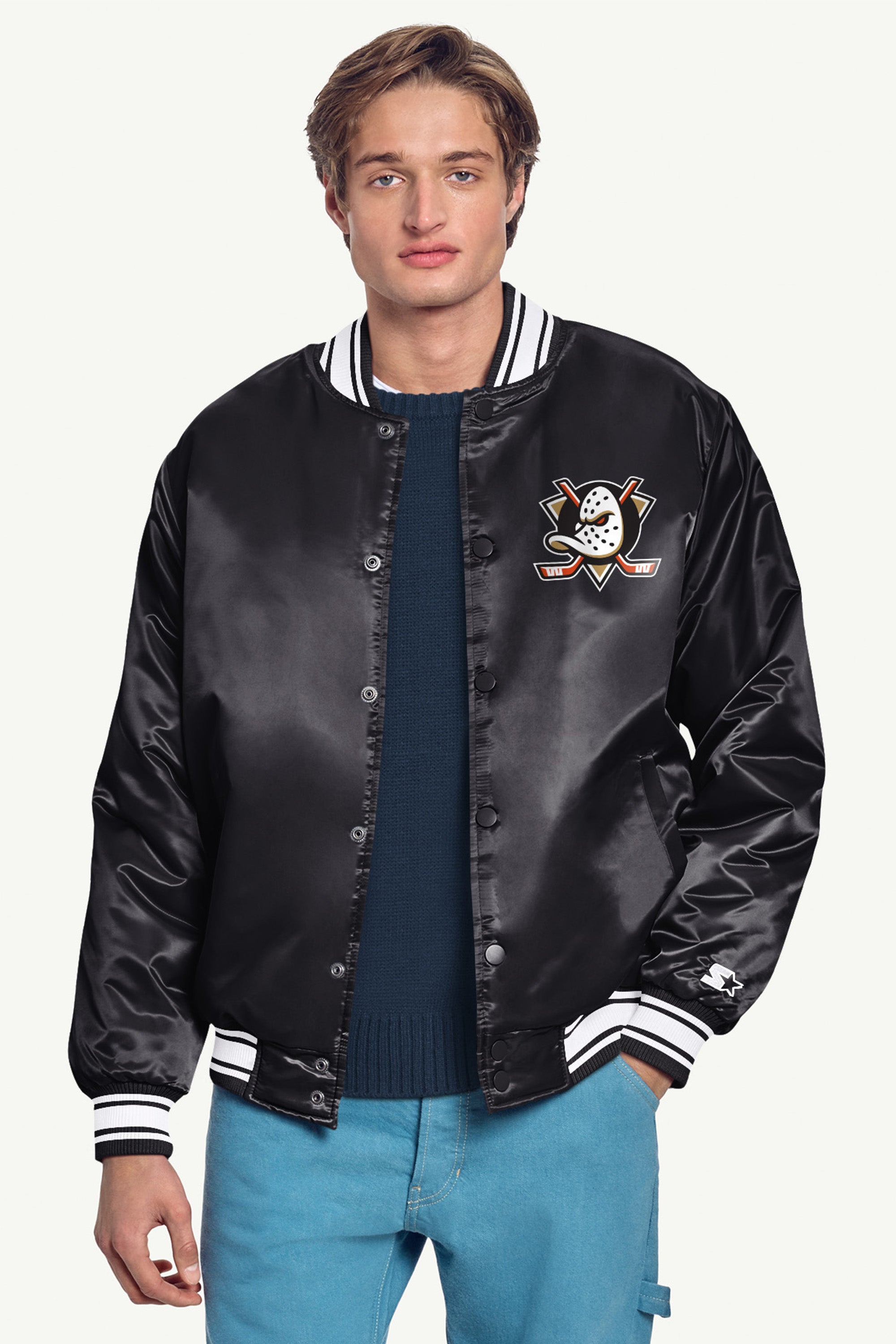 MENS ANAHEIM DUCKS TRIANGLE SATIN VARSITY JACKET View 3