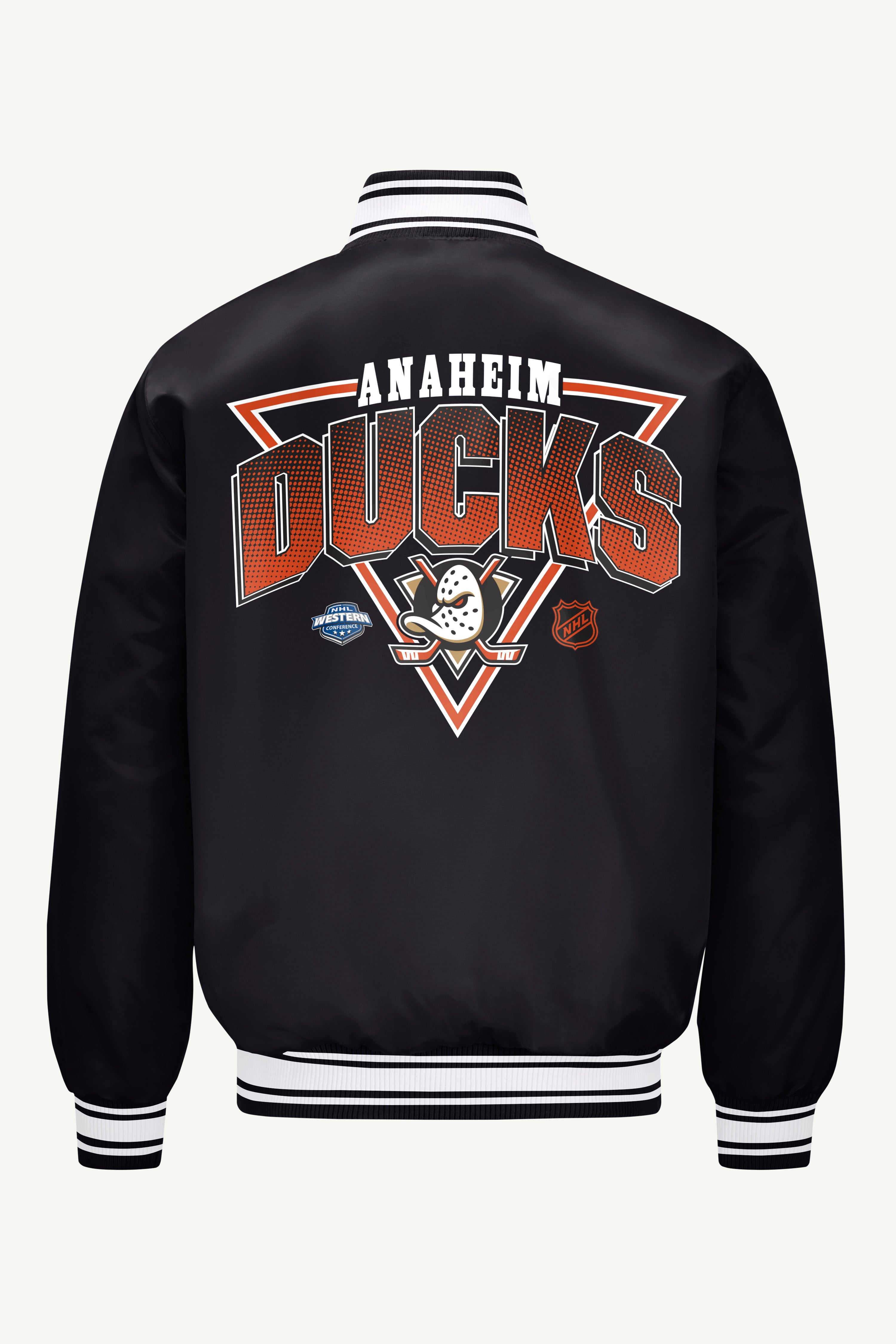 MENS ANAHEIM DUCKS TRIANGLE SATIN VARSITY JACKET View 2