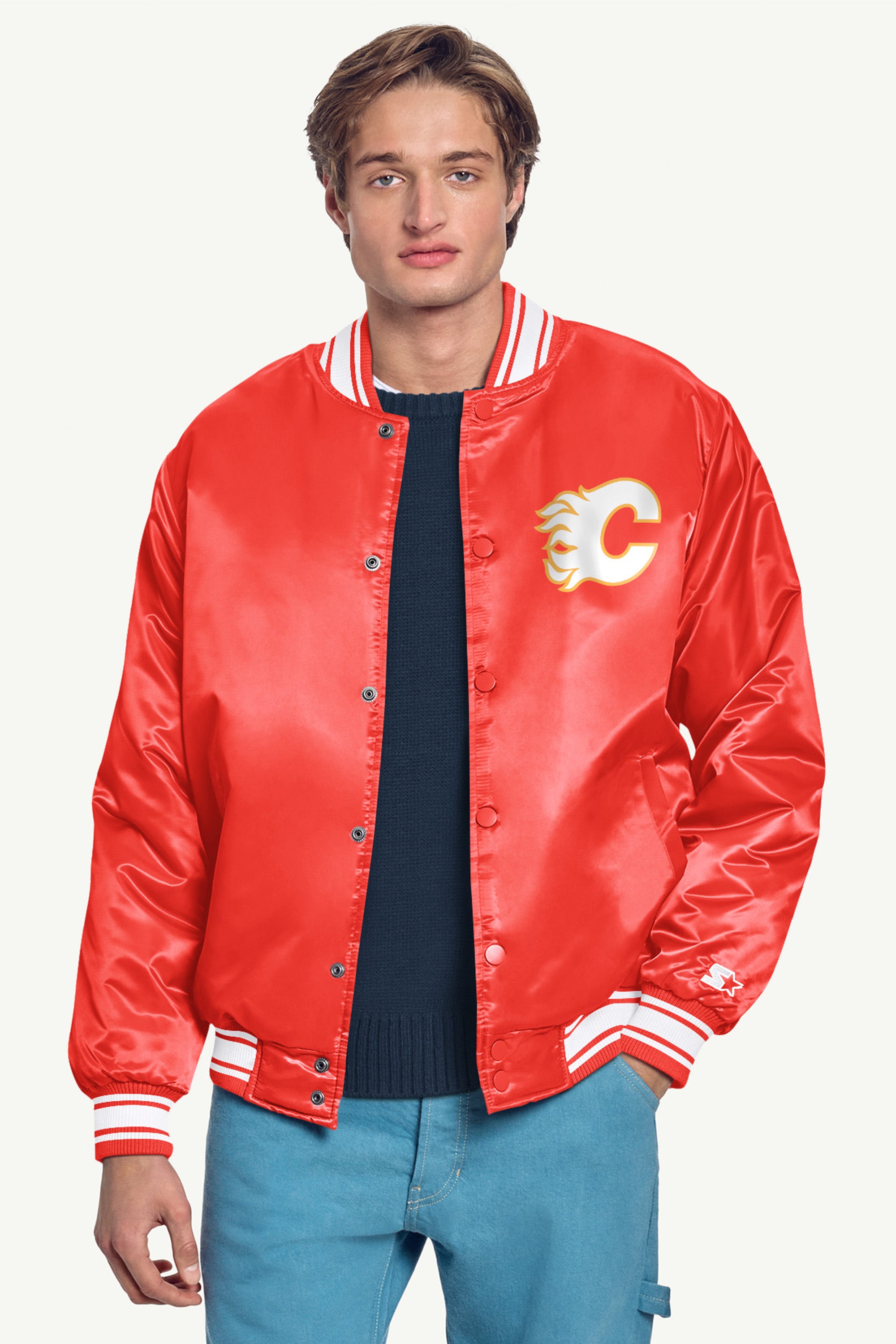 MENS CALGARY FLAMES PRINTED GRAPHIC TRIANGLE SATIN VARSITY JACKET View 3 | Starter Jackets