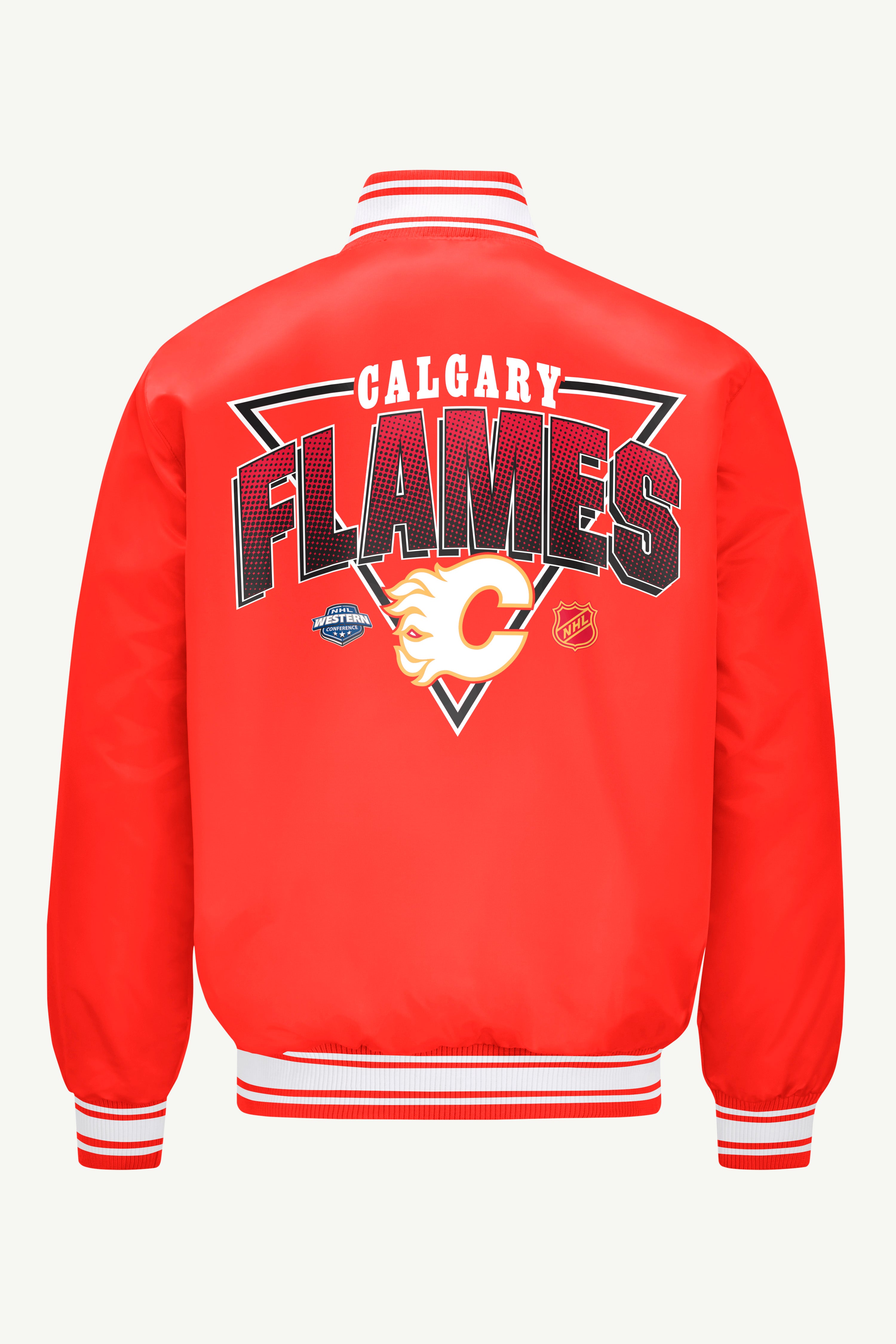 MENS CALGARY FLAMES PRINTED GRAPHIC TRIANGLE SATIN VARSITY JACKET View 2 | Starter Jackets