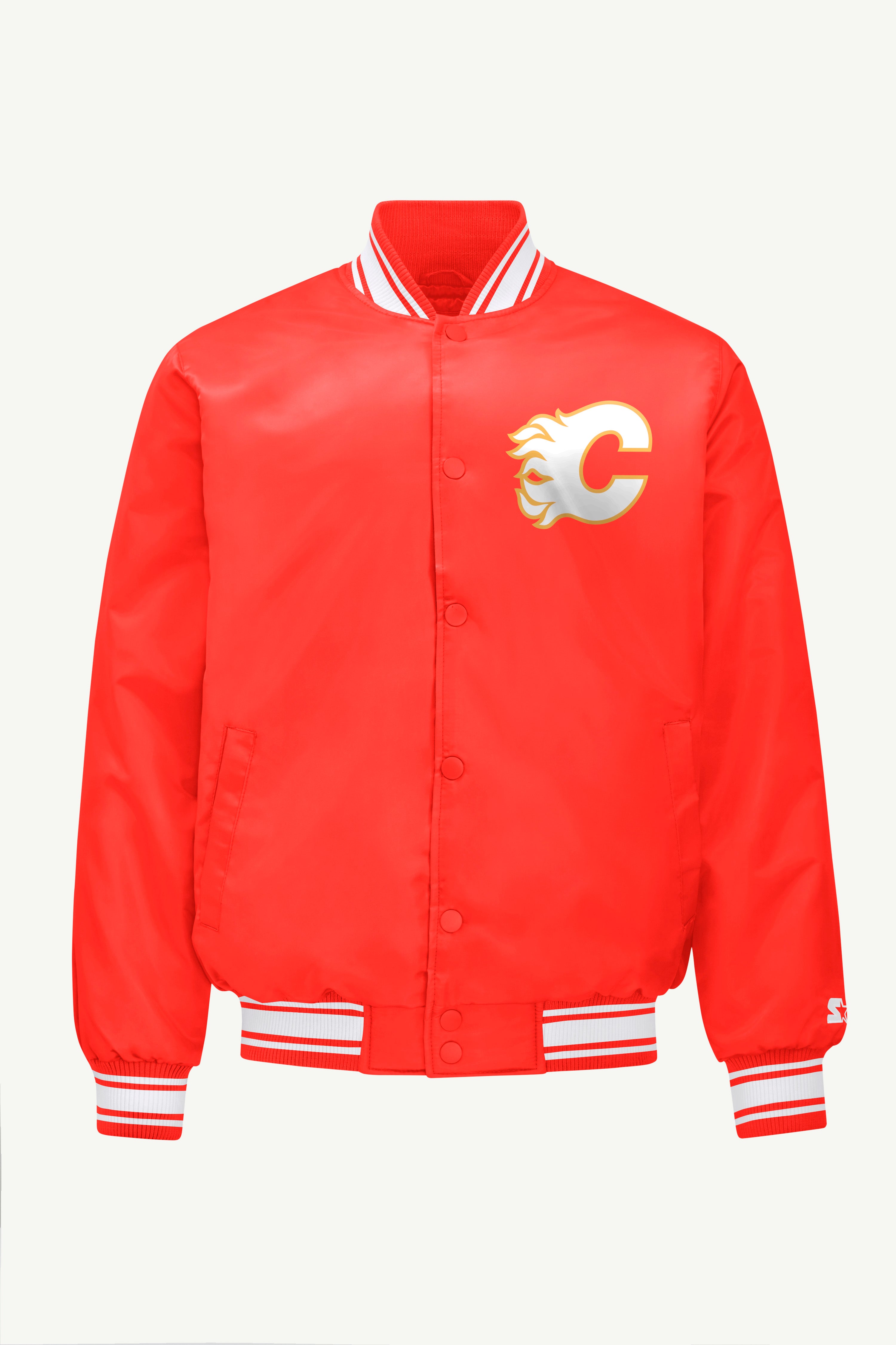 MENS CALGARY FLAMES PRINTED GRAPHIC TRIANGLE SATIN VARSITY JACKET View 1 | Starter Jackets
