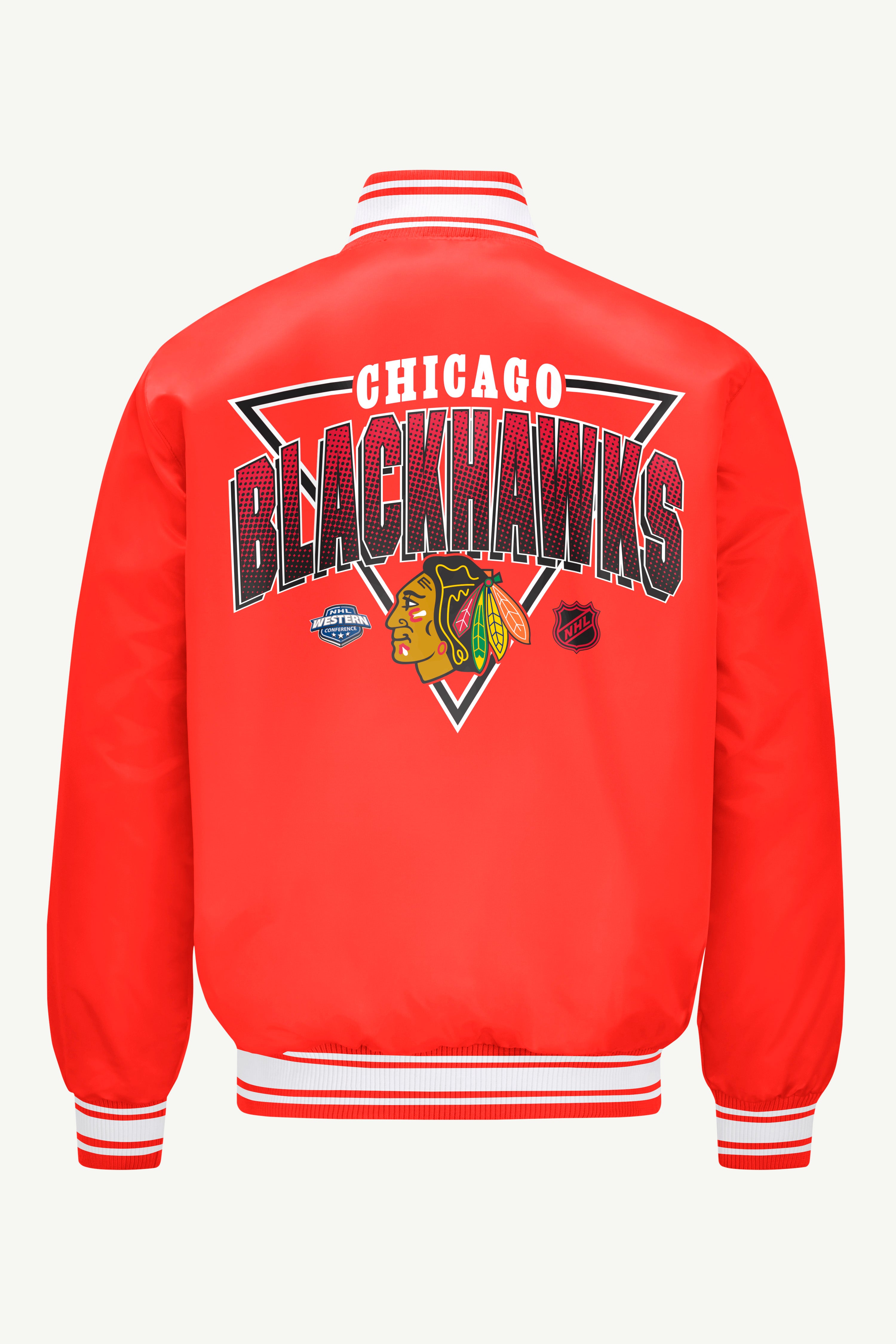 MENS CHICAGO BLACKHAWKS TRIANGLE SATIN VARSITY JACKET View 2 | Starter Jackets MENS CHICAGO BLACKHAWKS TRIANGLE SATIN VARSITY JACKET View 2 | Starter Jackets
