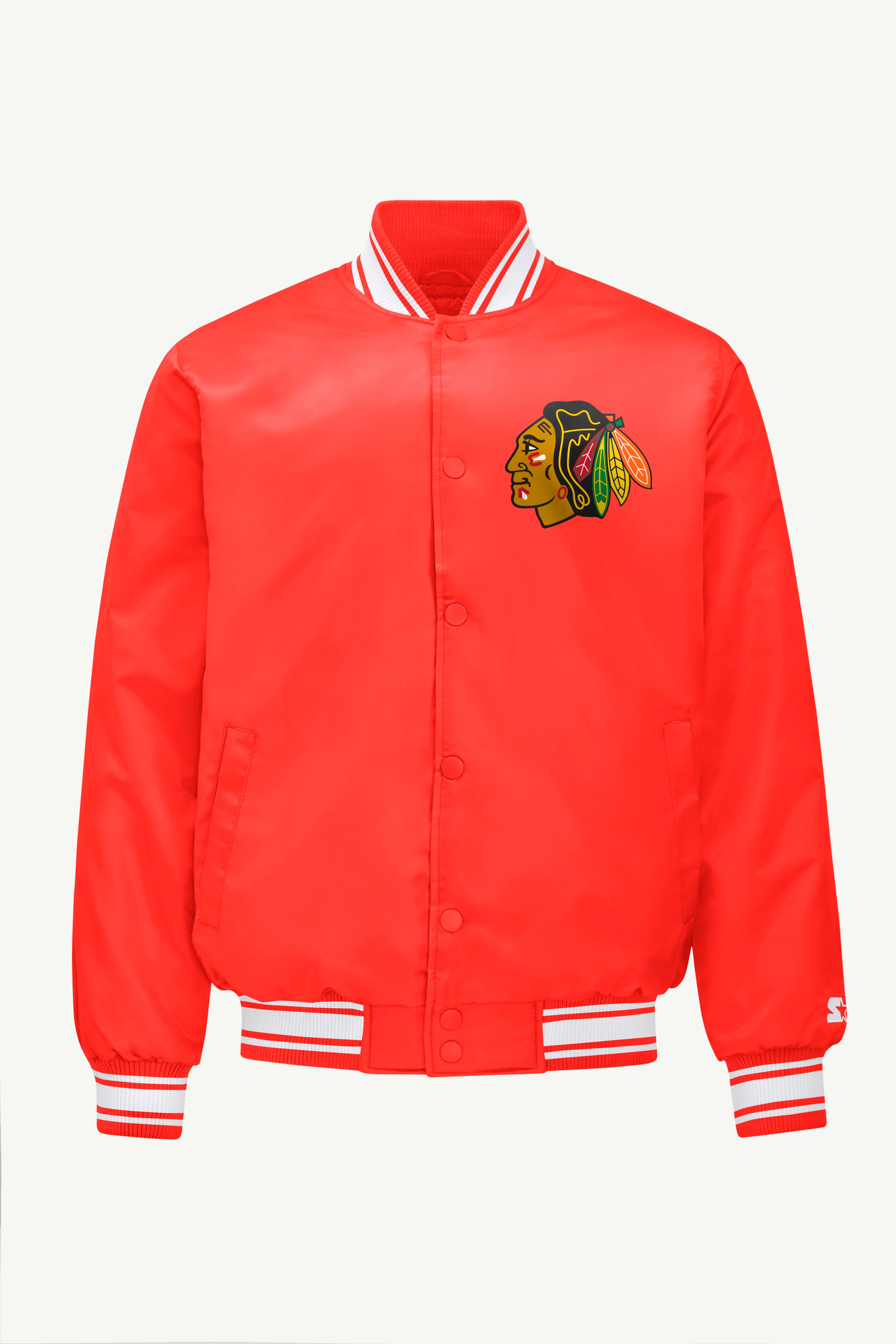 MENS CHICAGO BLACKHAWKS TRIANGLE SATIN VARSITY JACKET View 1 | Starter Jackets