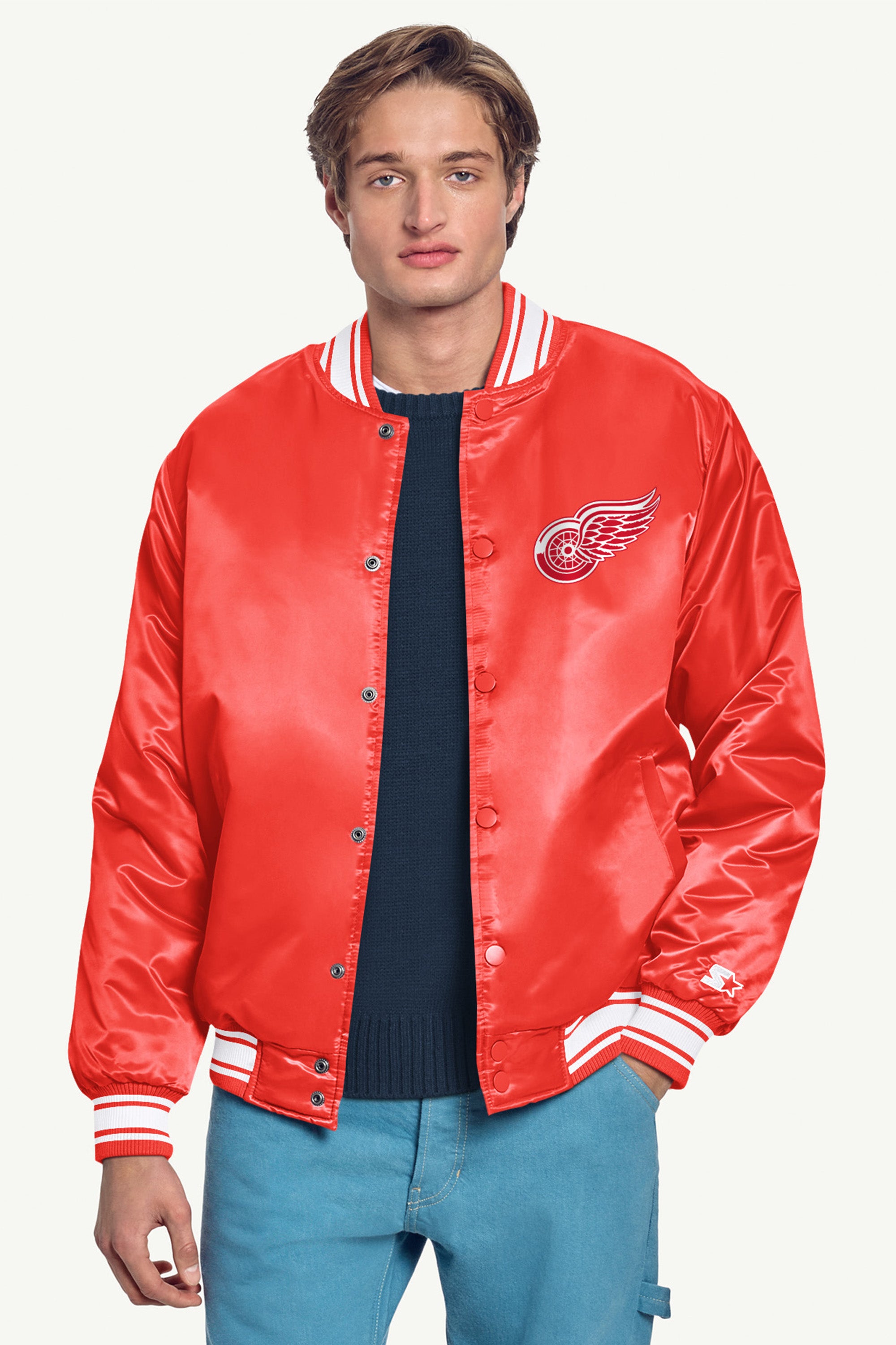MENS DETROIT RED WINGS TRIANGLE SATIN VARSITY JACKET View 3 | Starter Jackets