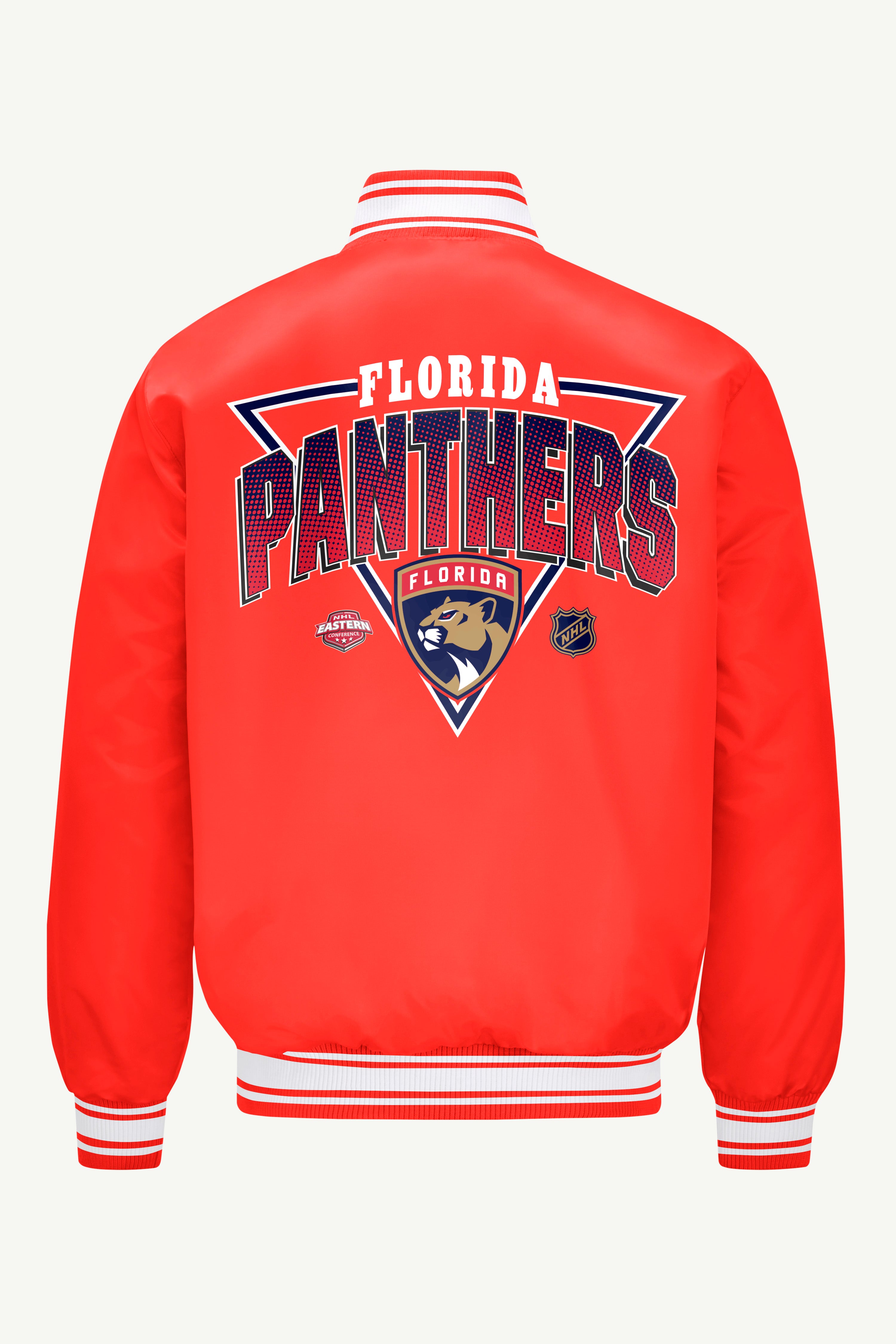 MENS FLORIDA PANTHERS PRINTED GRAPHIC TRIANGLE SATIN VARSITY JACKET View 2 | Starter Jackets