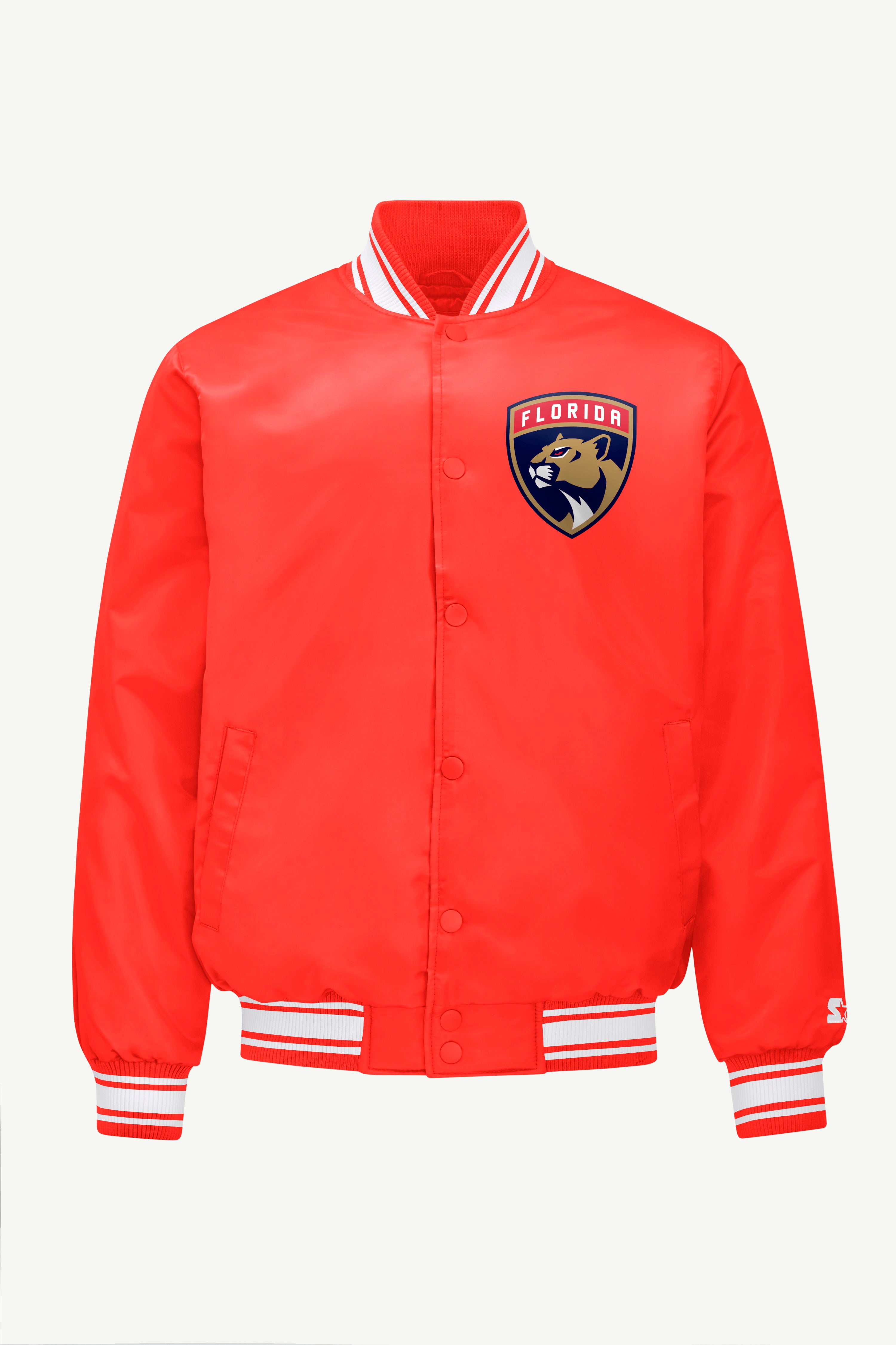 MENS FLORIDA PANTHERS PRINTED GRAPHIC TRIANGLE SATIN VARSITY JACKET View 1 | Starter Jackets