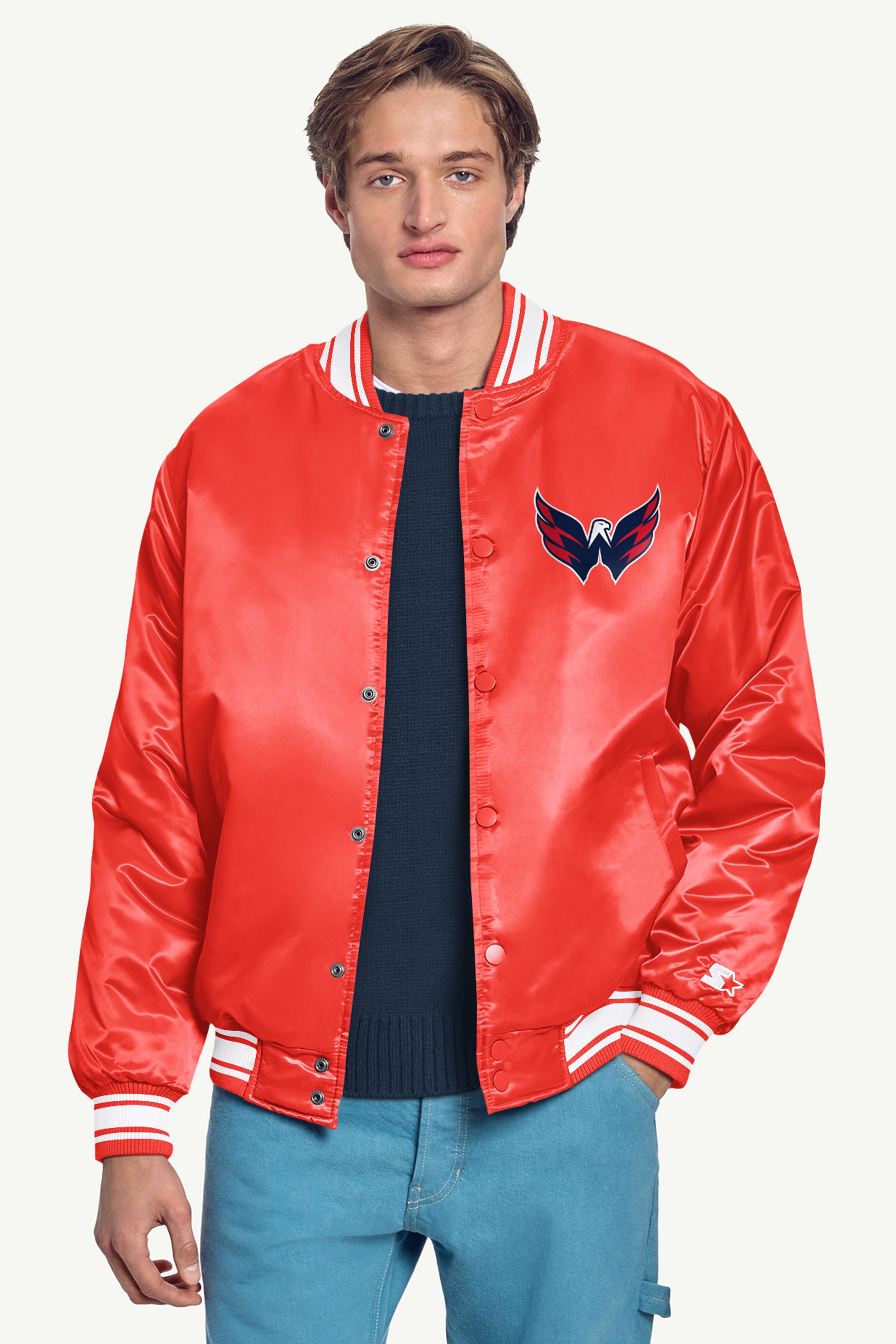 MENS WASHINGTON CAPTIALS PRINTED GRAPHIC TRIANGLE SATIN VARSITY JACKET View 3