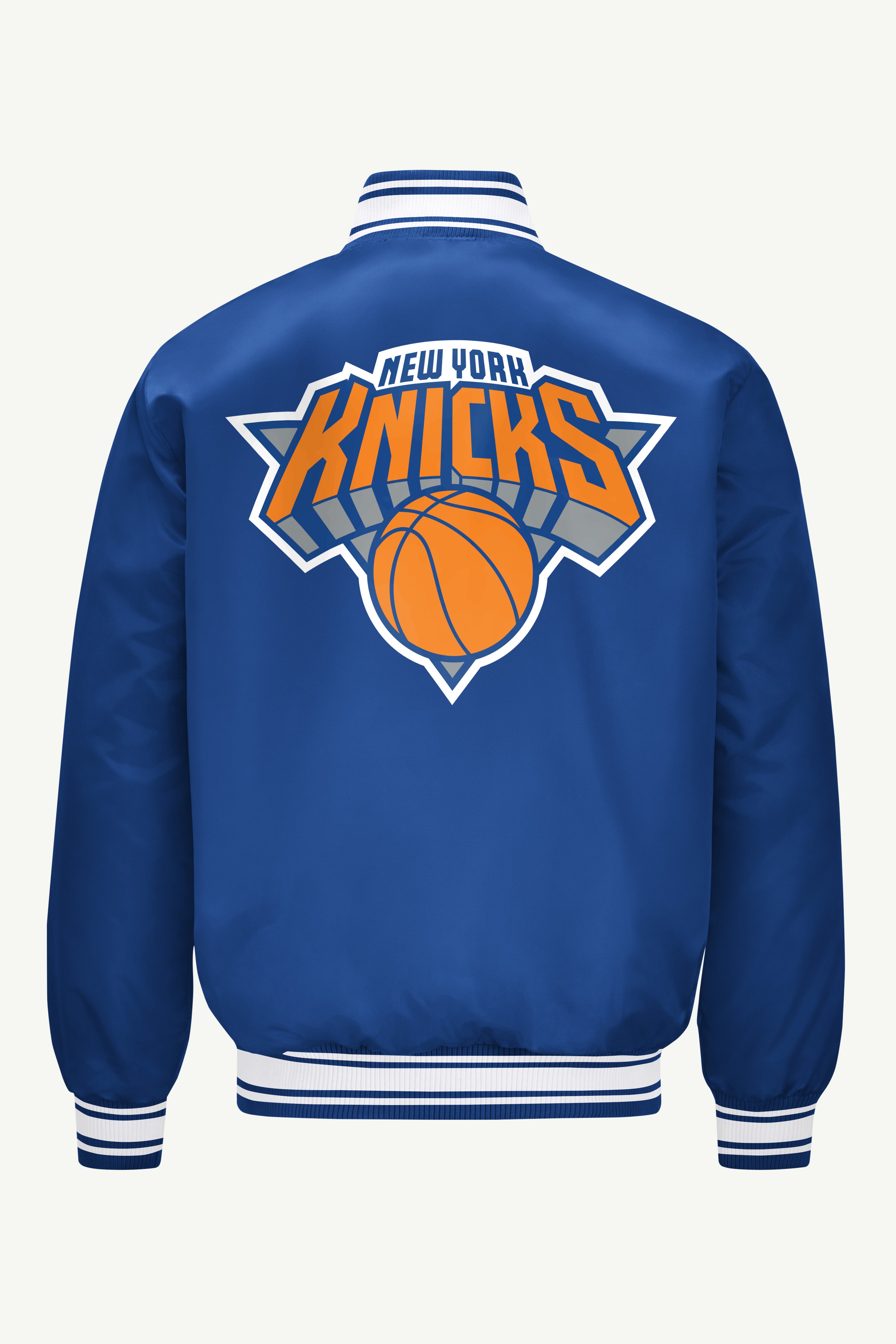 MENS NEW YORK KNICKS PRINTED GRAPHIC LOGO SATIN VARSITY JACKET View 1