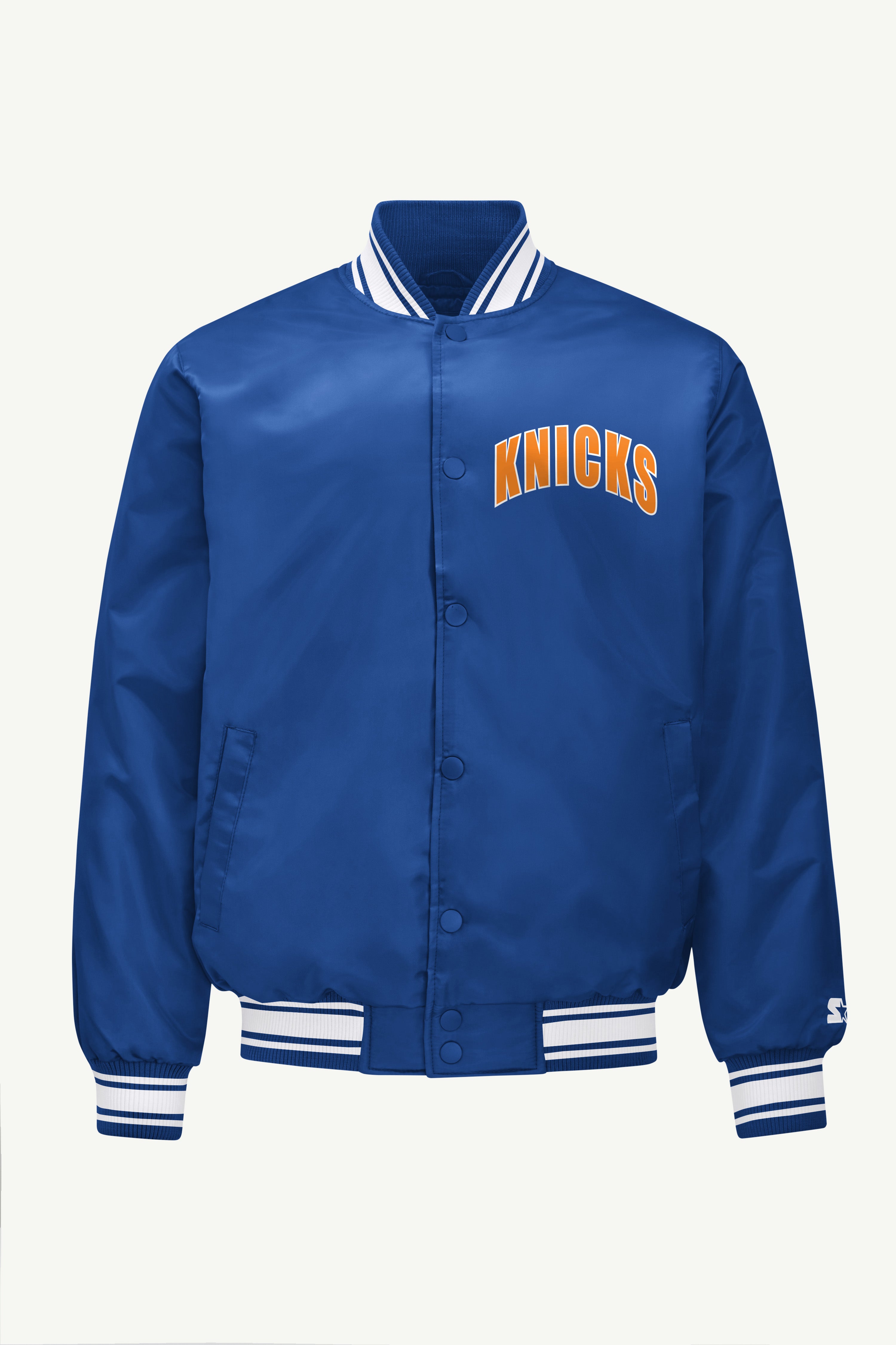 MENS NEW YORK KNICKS PRINTED GRAPHIC LOGO SATIN VARSITY JACKET View 2