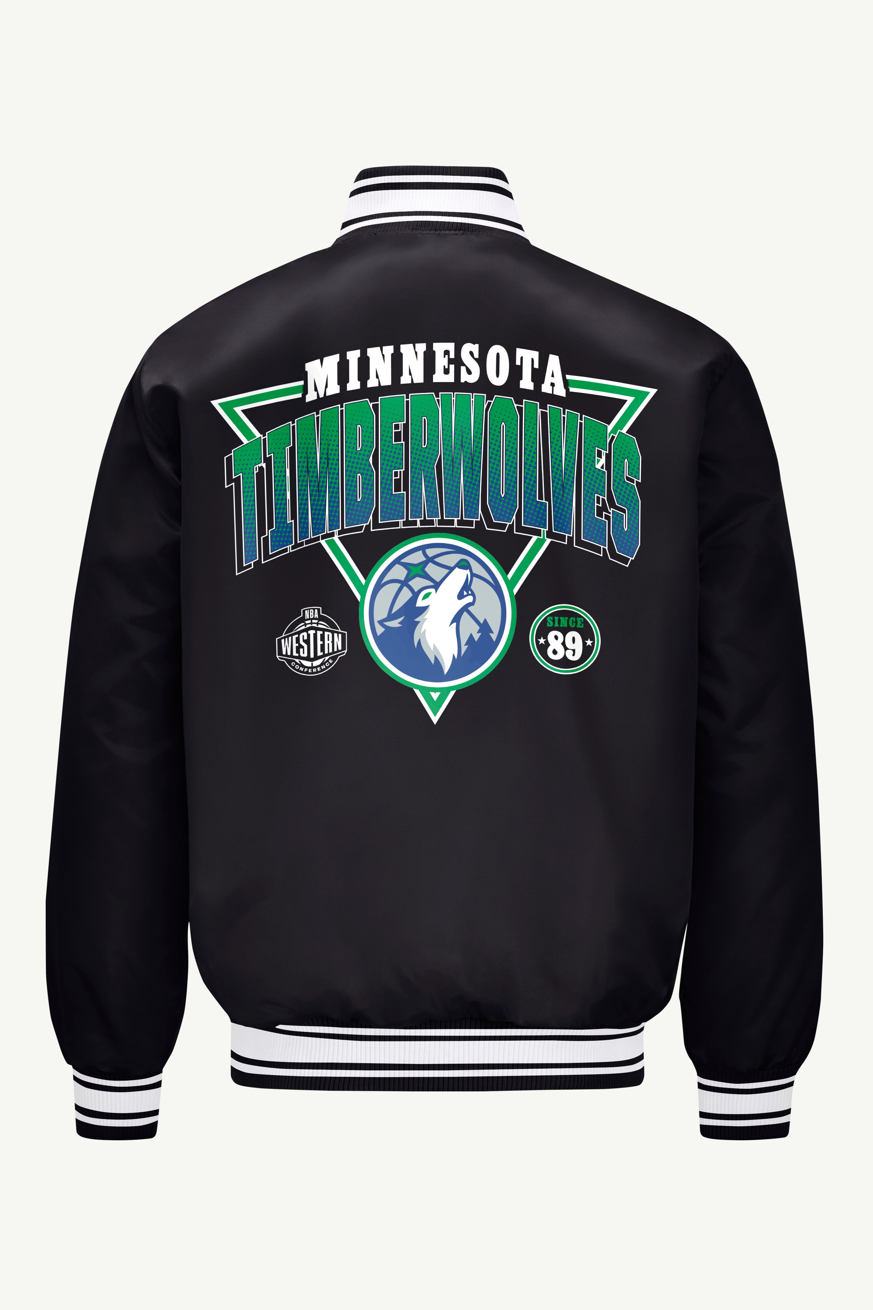 MENS MINNESOTA TIMBERWOLVES TRIANGLE SATIN VARSITY JACKET View 2 | Minnesota Timberwolves