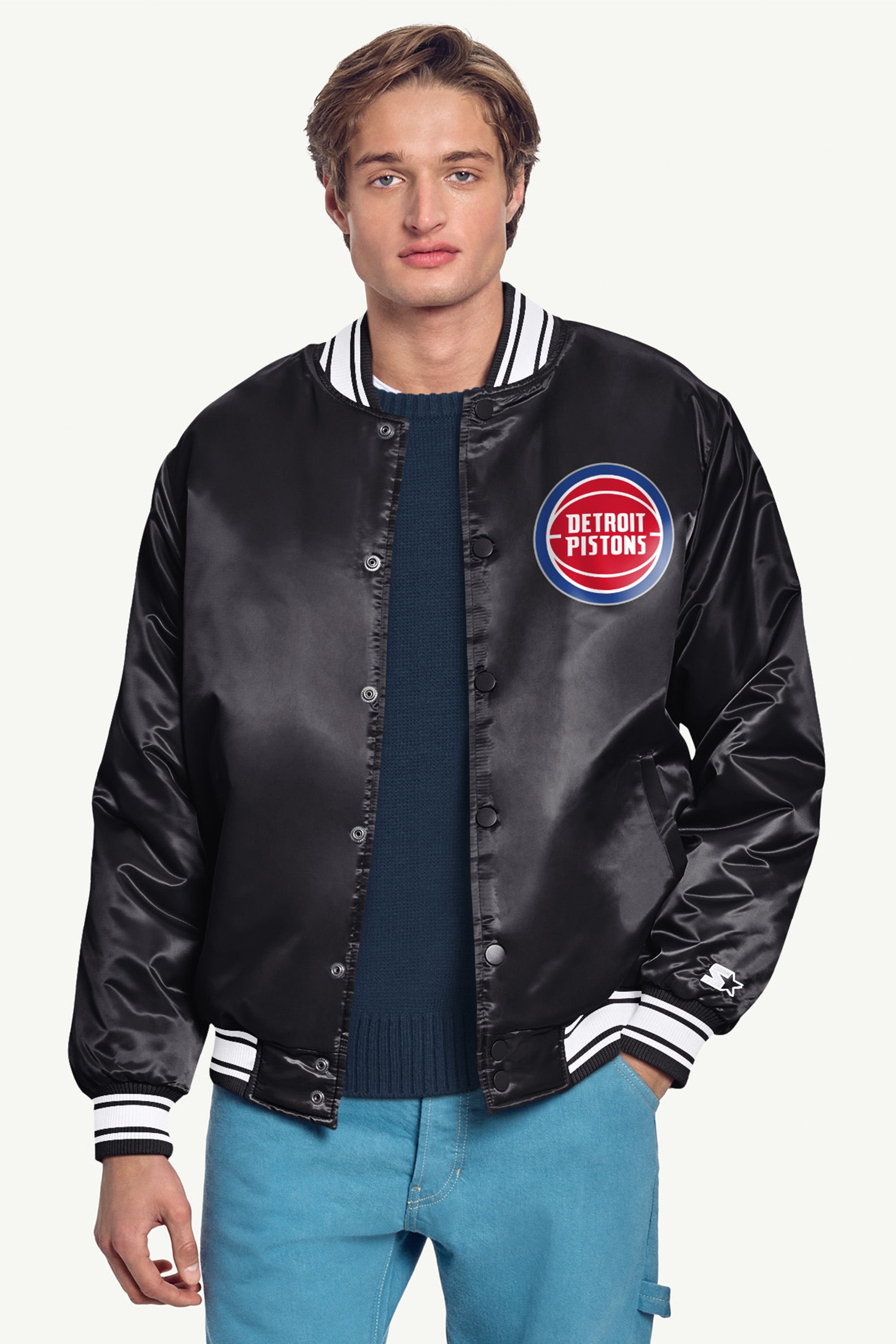MENS DETROIT PISTONS TRIANGLE SATIN VARSITY JACKET View 3