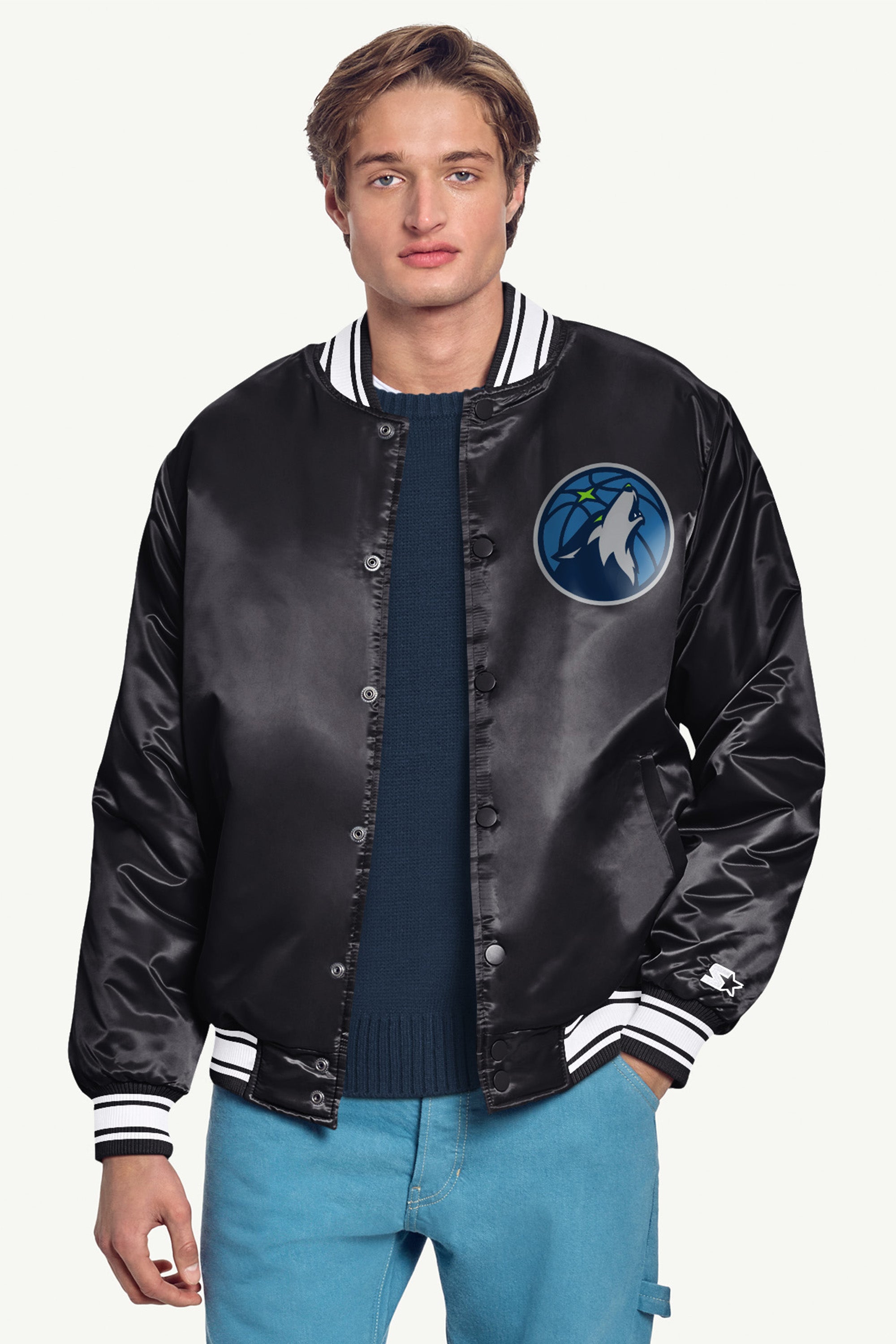 MENS MINNESOTA TIMBERWOLVES TRIANGLE SATIN VARSITY JACKET View 3 | Minnesota Timberwolves