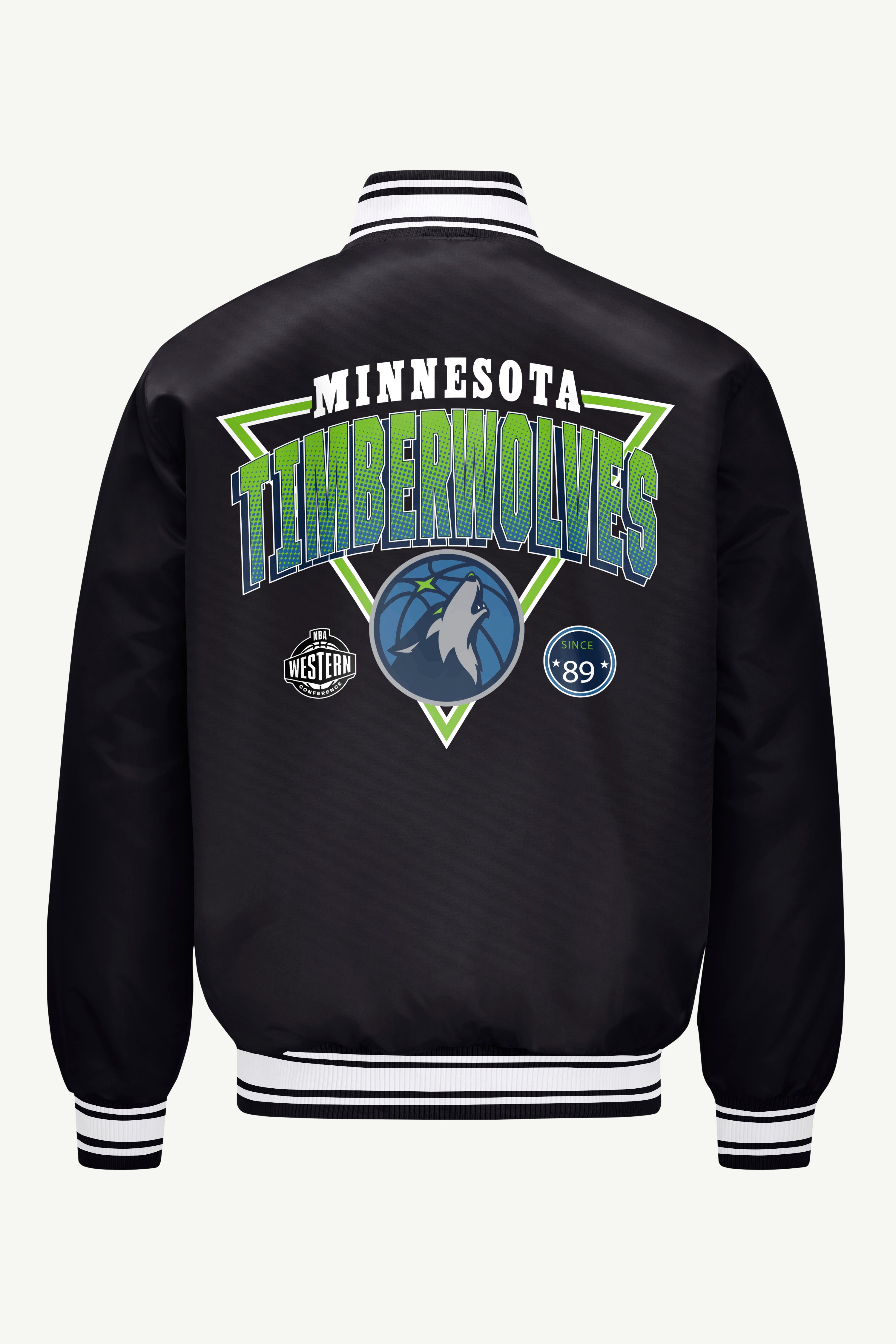 MENS MINNESOTA TIMBERWOLVES TRIANGLE SATIN VARSITY JACKET View 2 | Minnesota Timberwolves