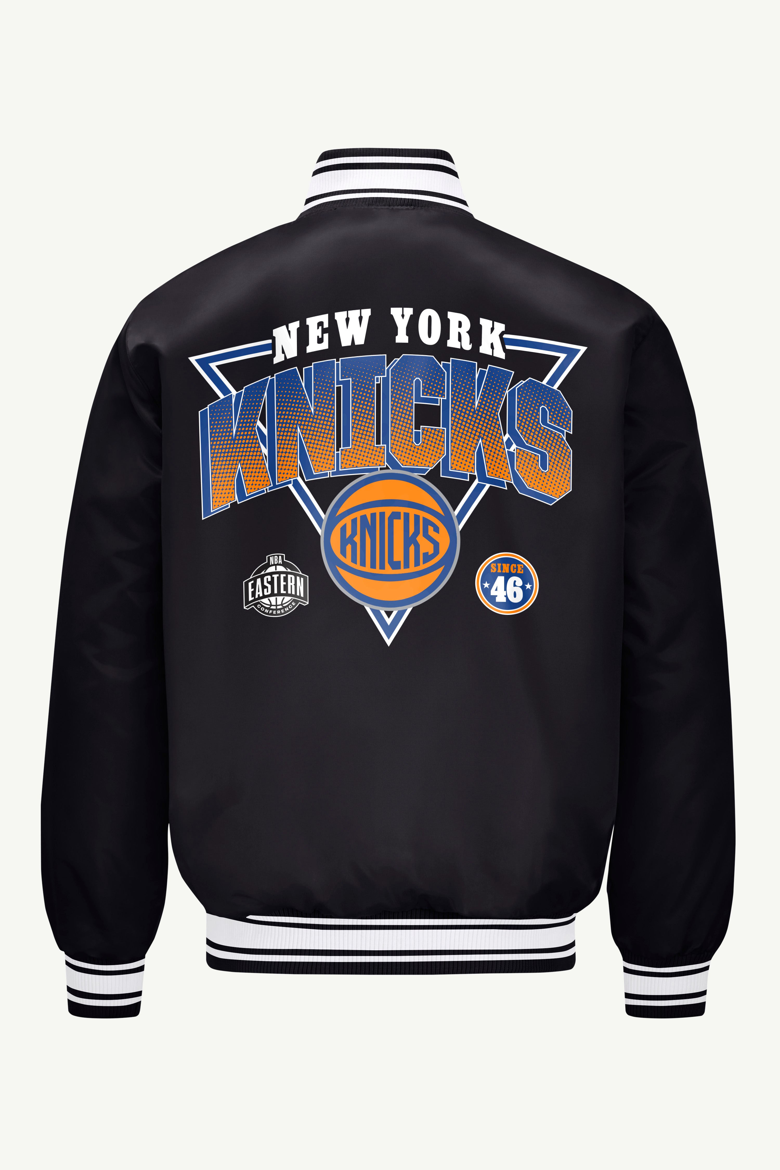 MENS NEW YORK KNICKS TRIANGLE SATIN VARSITY JACKET View 2 | New York Knicks