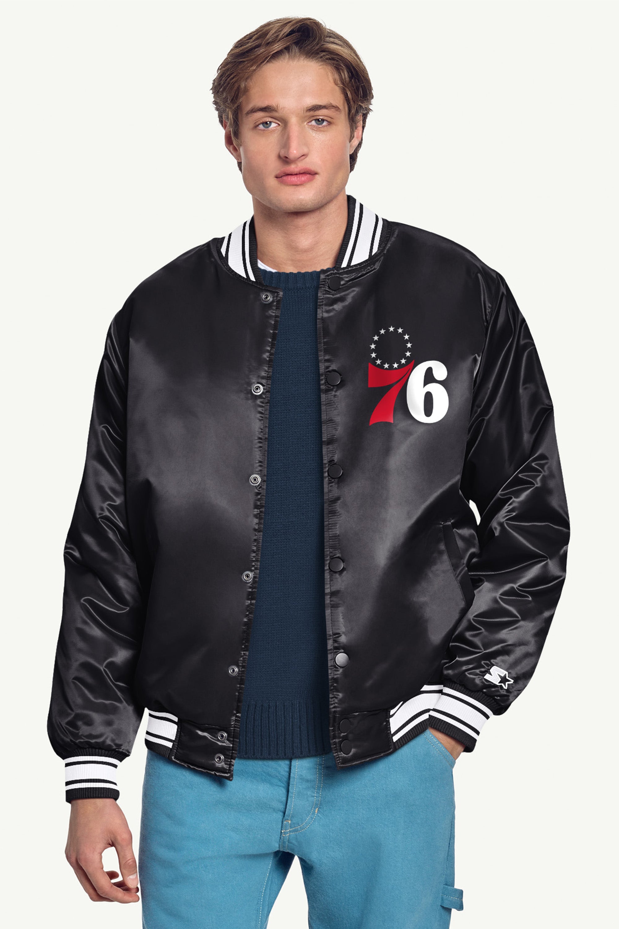 MENS PHILADELPHIA 76ERS TRIANGLE SATIN VARSITY JACKET View 3