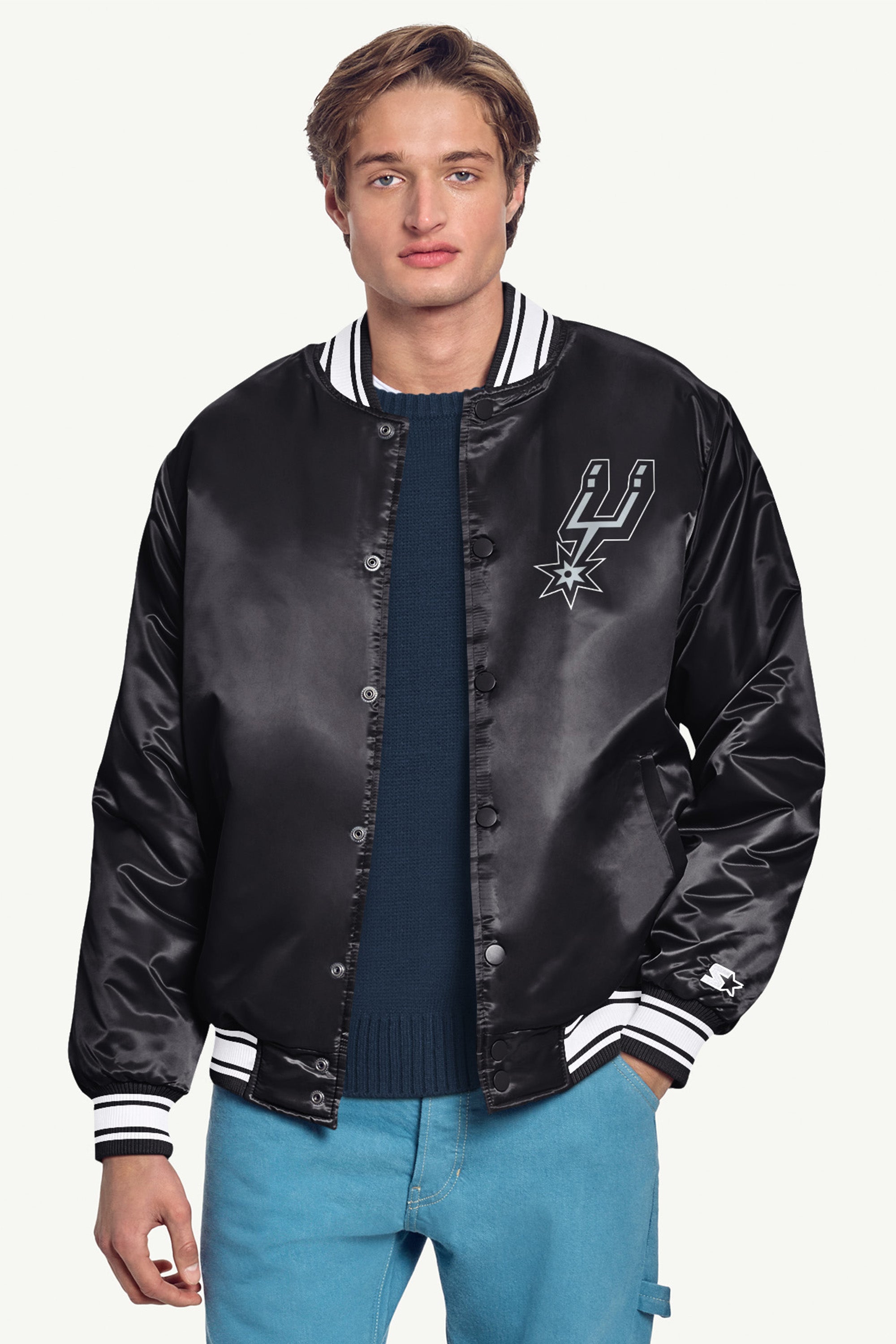 MENS SAN ANTONIO SPURS TRIANGLE PRINTED GRAPHIC SATIN VARSITY JACKET View 3 | San Antonio Spurs