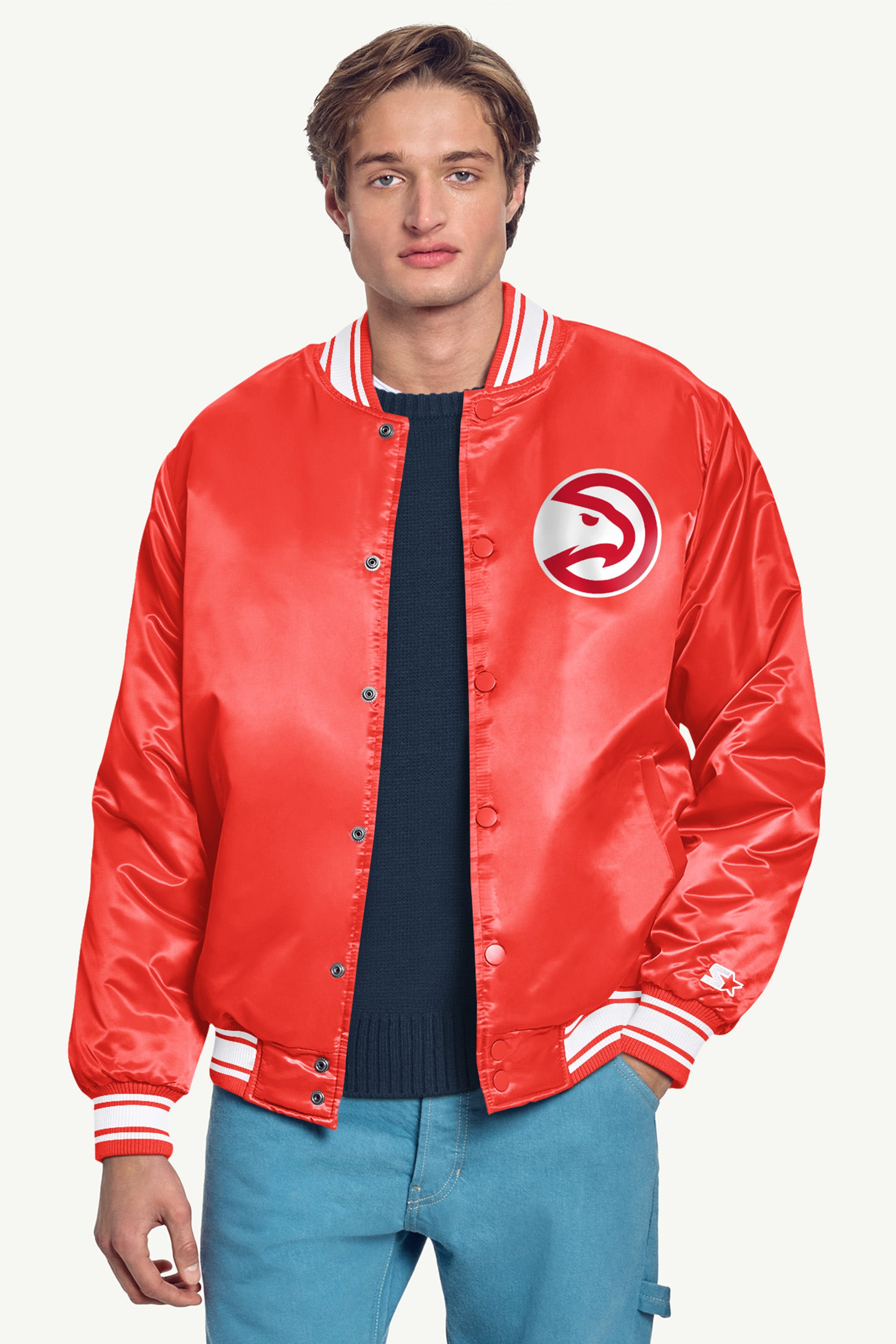 MENS ATLANTA HAWKS PRINTED GRAPHIC SATIN VARSITY JACKET View 3 | Atlanta Hawks