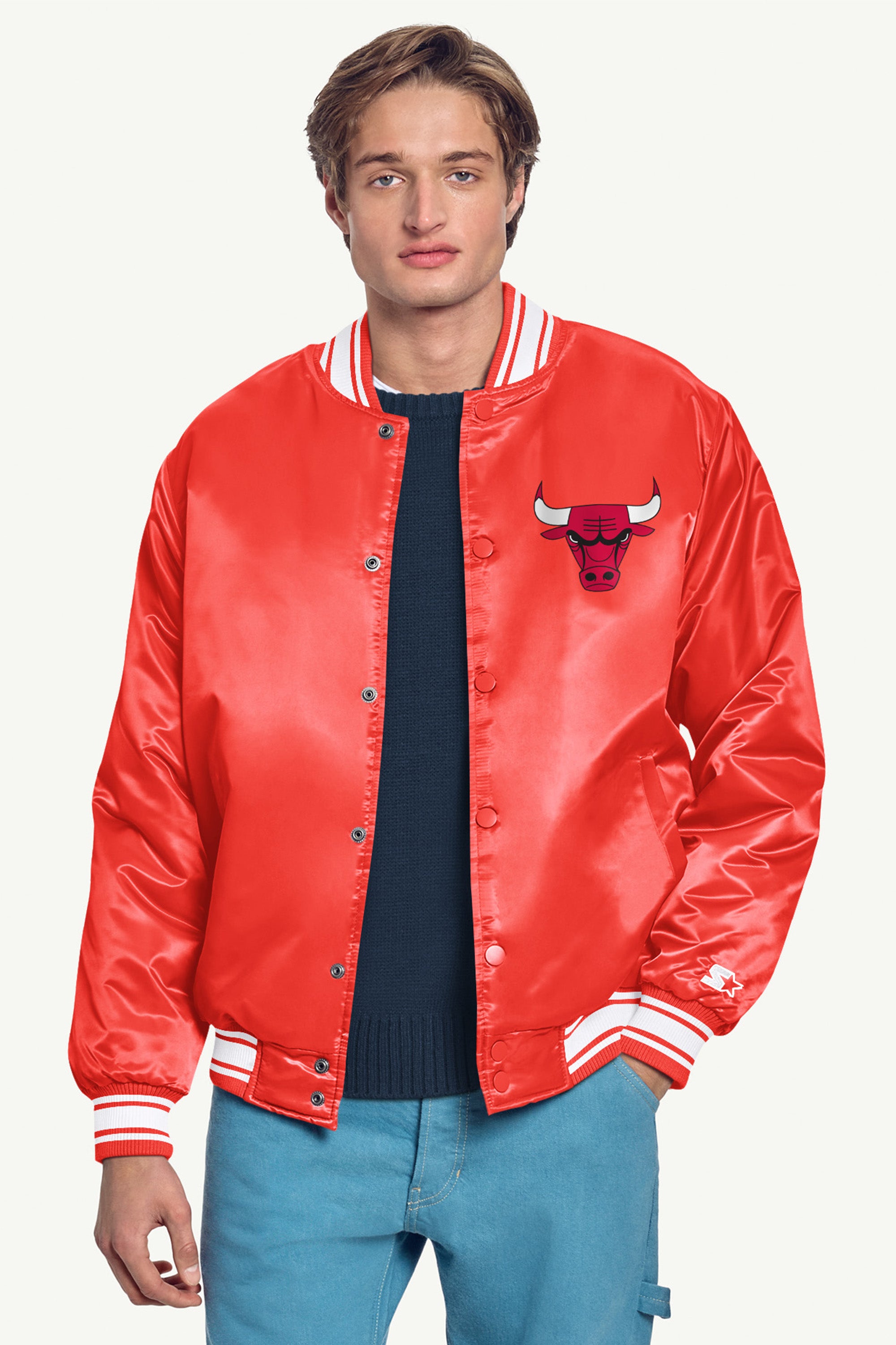 MENS CHICAGO BULLS PRINTED GRAPHIC SATIN VARSITY JACKET View 3 | Chicago Bulls