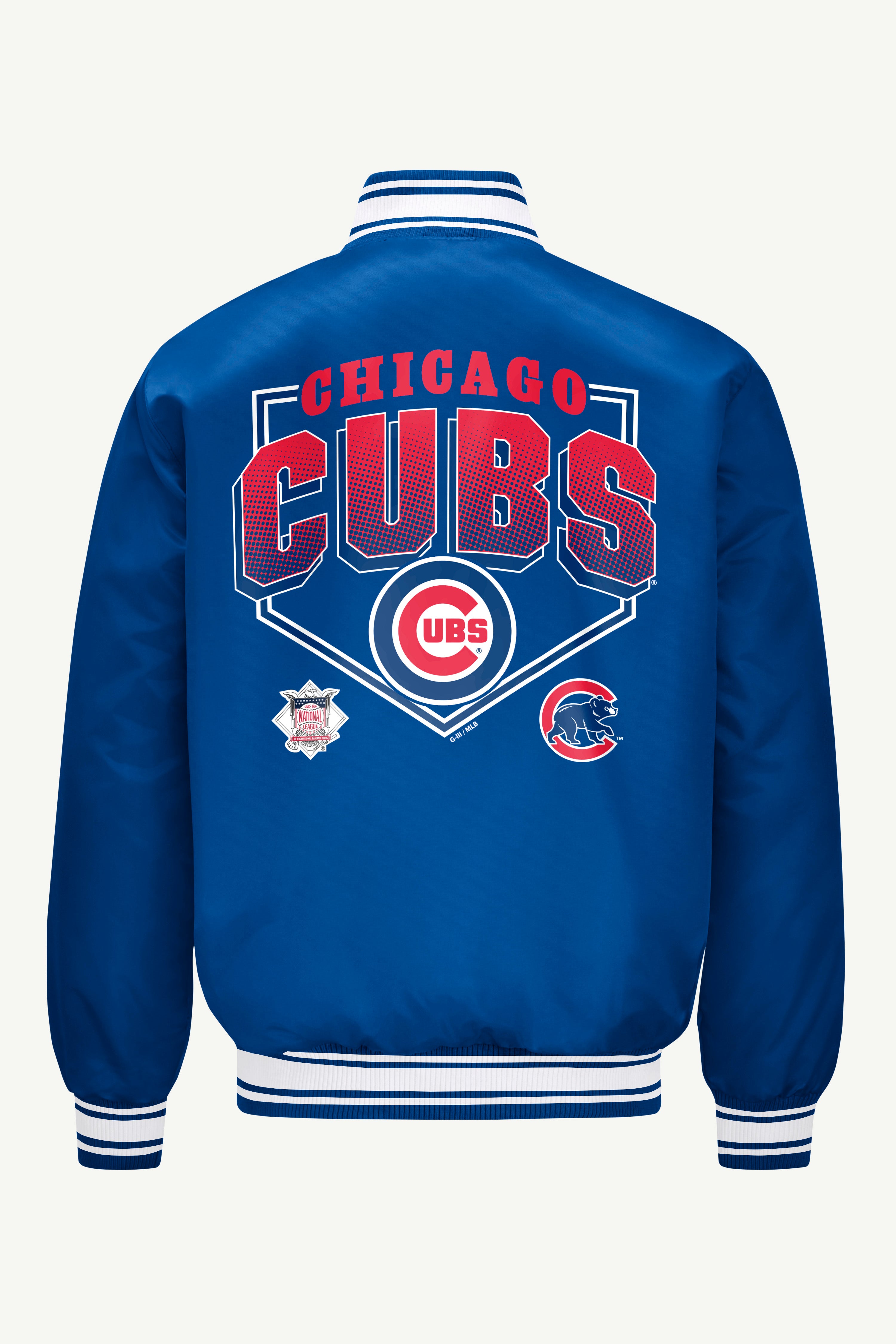 MENS CHICAGO CUBS HOMEPLATE PRINTED GRAPHIC SATIN VARSITY JACKET View 2 | Satin Varsity Jackets MENS CHICAGO CUBS HOMEPLATE PRINTED GRAPHIC SATIN VARSITY JACKET View 2 | Satin Varsity Jackets