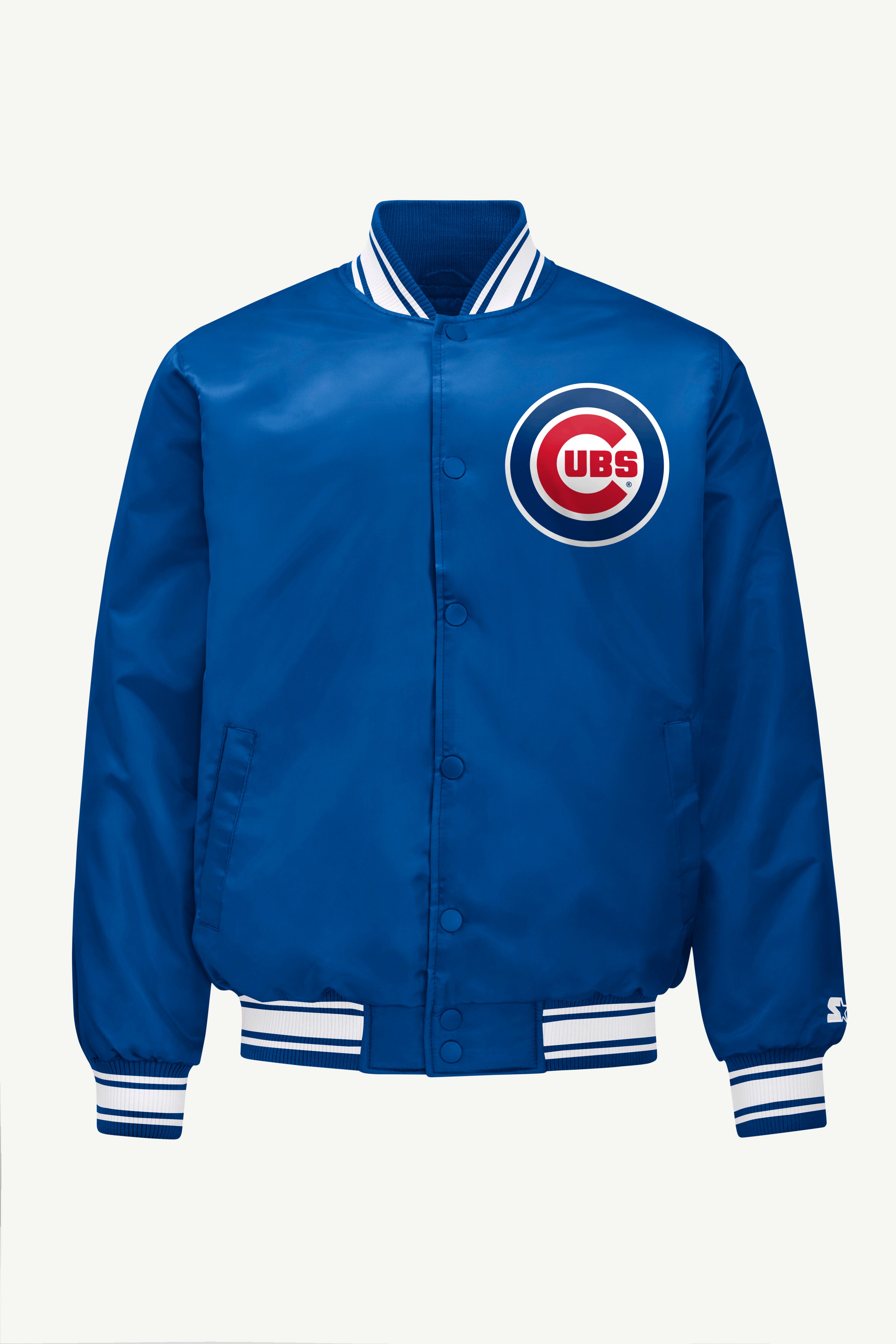 MENS CHICAGO CUBS HOMEPLATE PRINTED GRAPHIC SATIN VARSITY JACKET View 1 | Satin Varsity Jackets