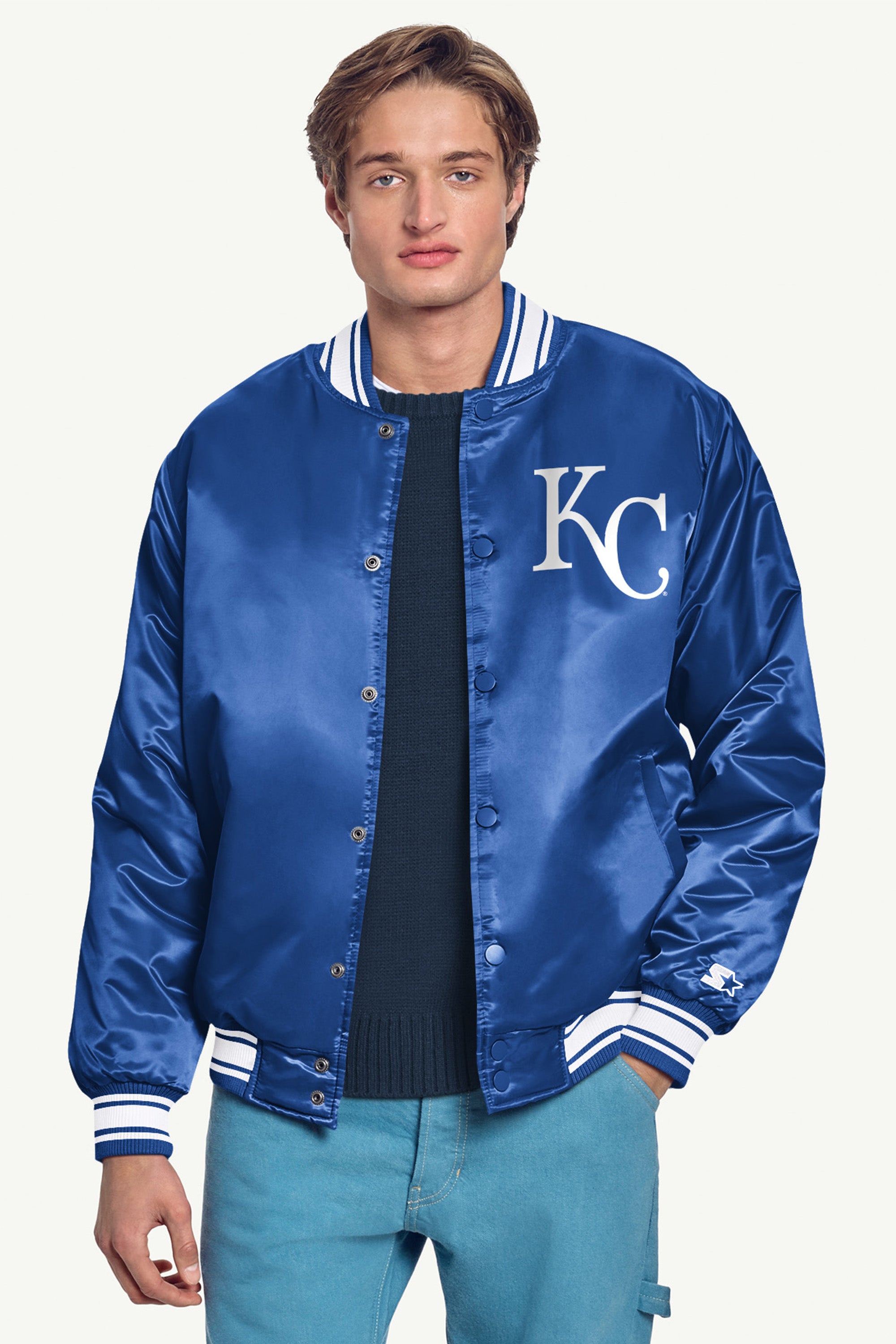 MENS KANSAS CITY ROYALS HOMEPLATE PRINTED GRAPHIC SATIN VARSITY JACKET View 3 | Starter Jackets