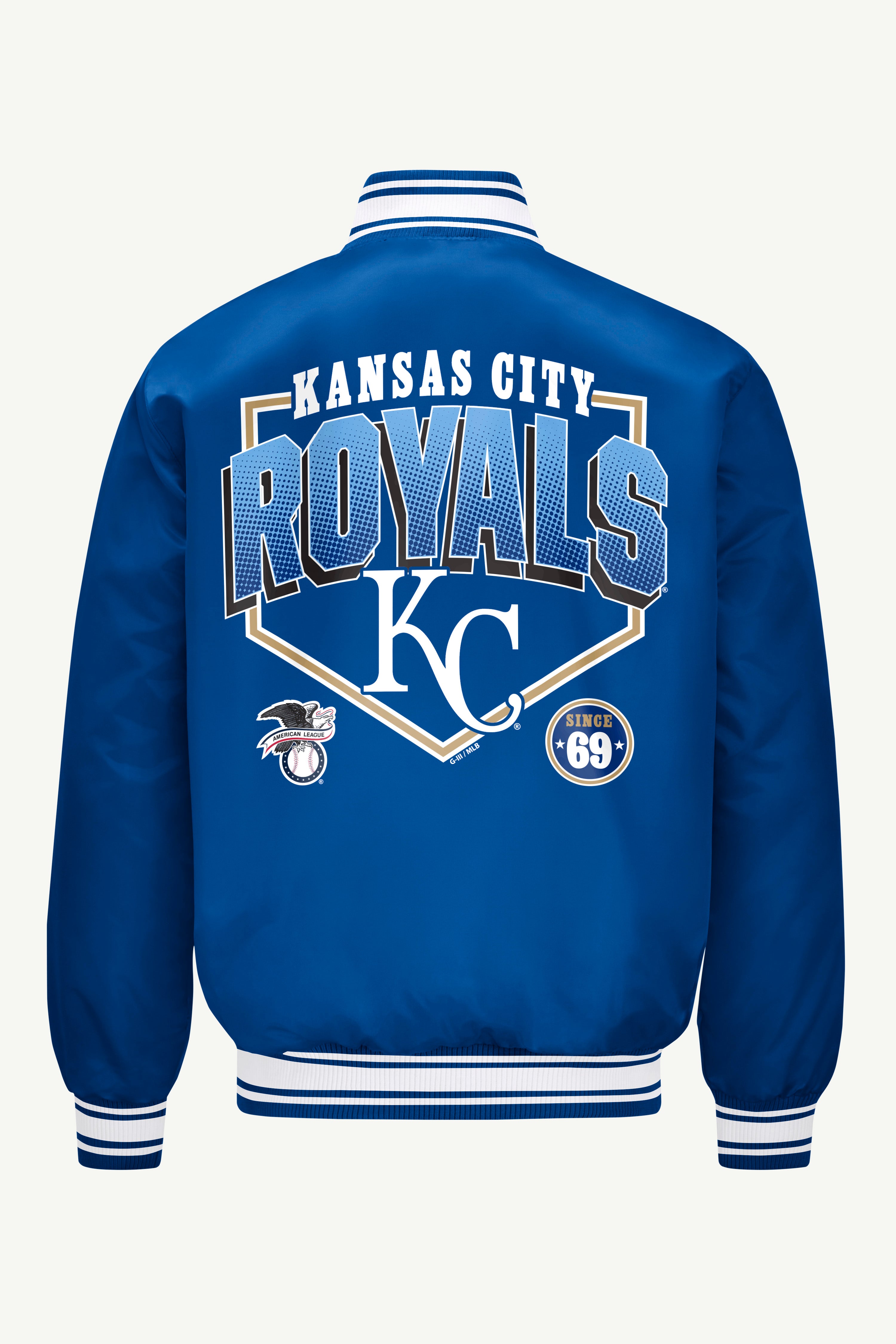 MENS KANSAS CITY ROYALS HOMEPLATE PRINTED GRAPHIC SATIN VARSITY JACKET View 2 | Starter Jackets