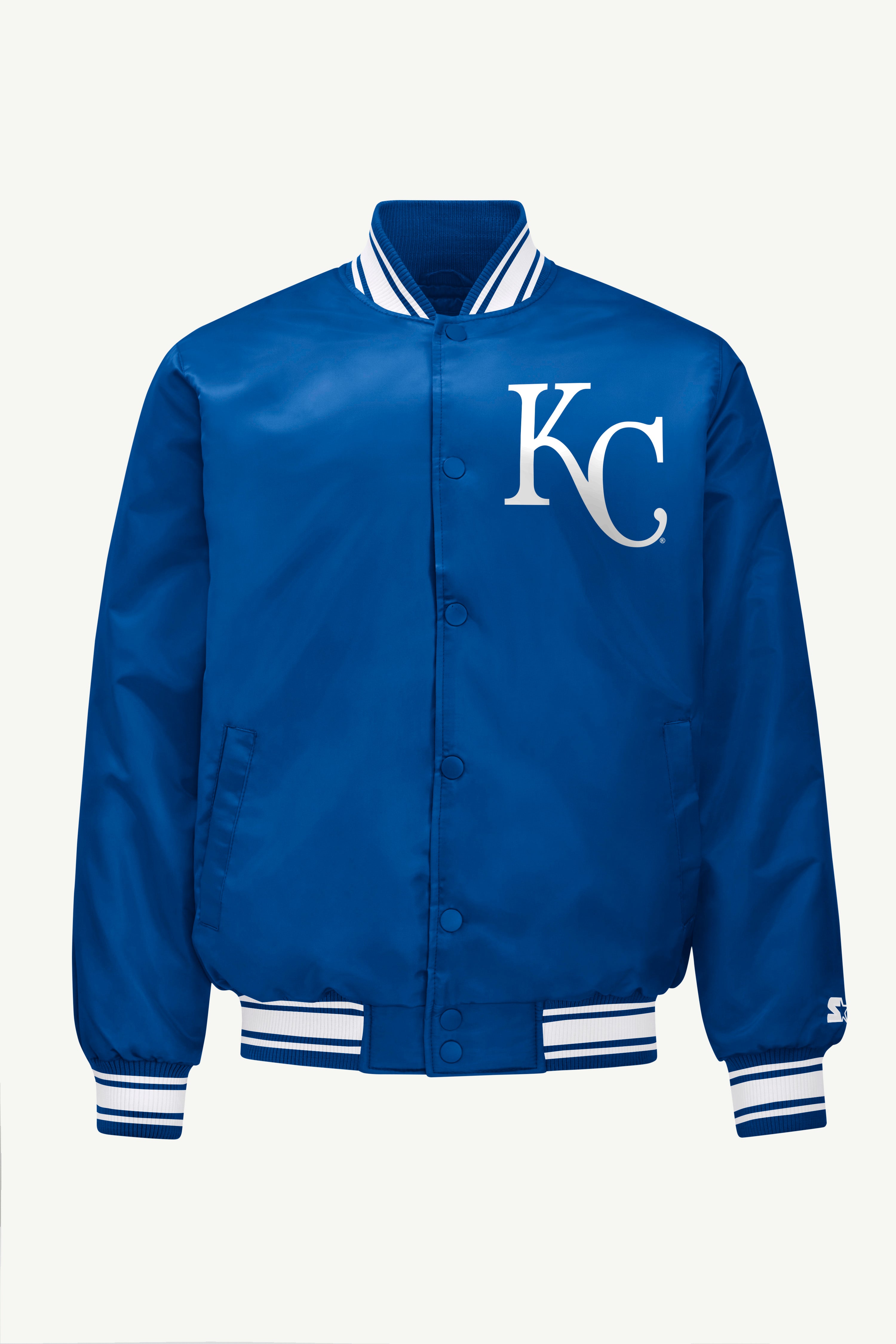 MENS KANSAS CITY ROYALS HOMEPLATE PRINTED GRAPHIC SATIN VARSITY JACKET View 1 | Starter Jackets