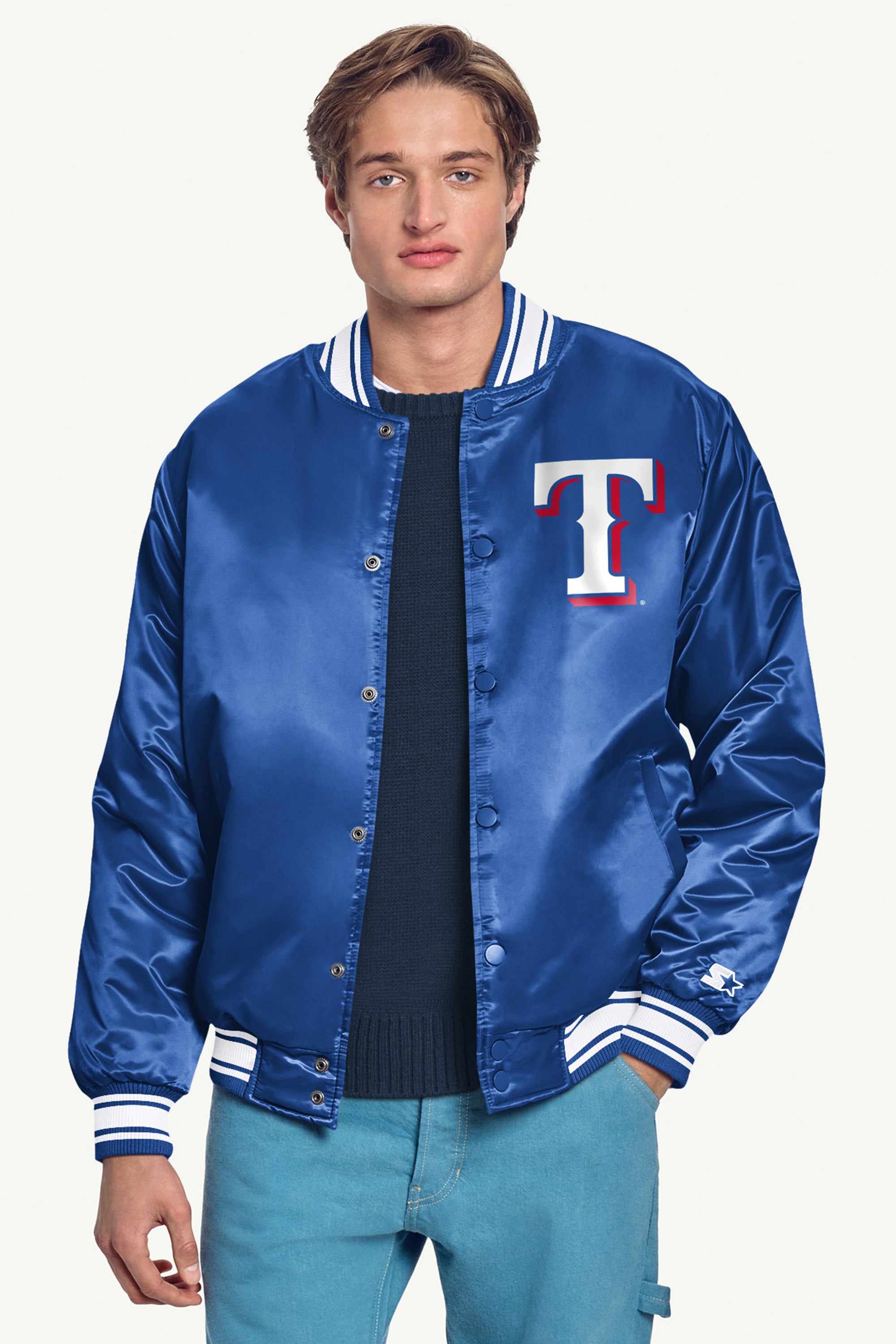 MENS TEXAS RANGERS HOMEPLATE SATIN VARSITY JACKET View 3 | Starter Jackets