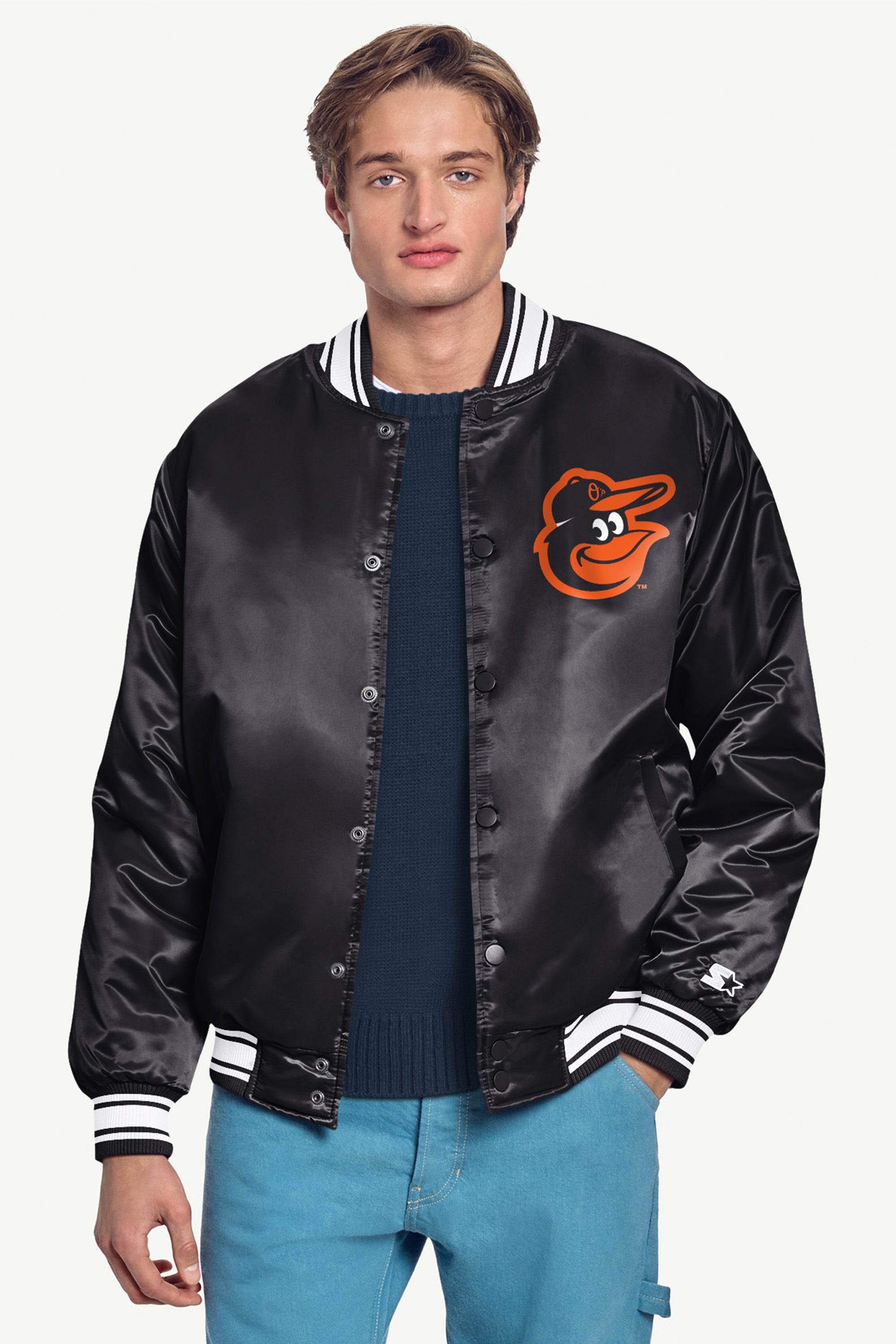 MENS BALTIMORE ORIOLES PRINTED HOMEPLATE SATIN VARSITY JACKET View 3 | Baltimore Orioles